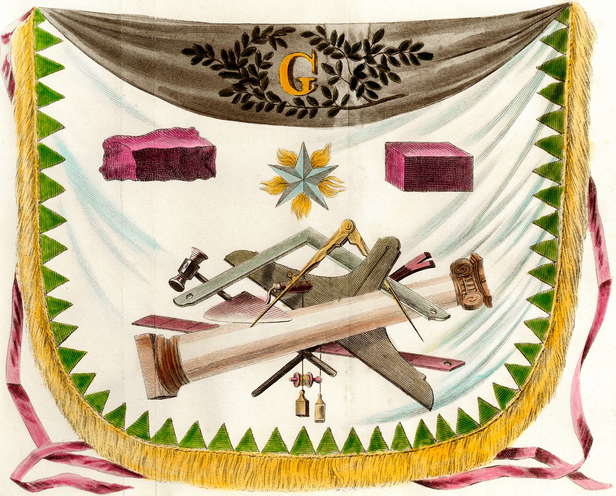 Freimaurer-Schurz, der einen Schurz mit Symbolen der Freimaurerei darstellt. Gravur des 19. Jahrhunderts Private Sammlung von Unknown artist