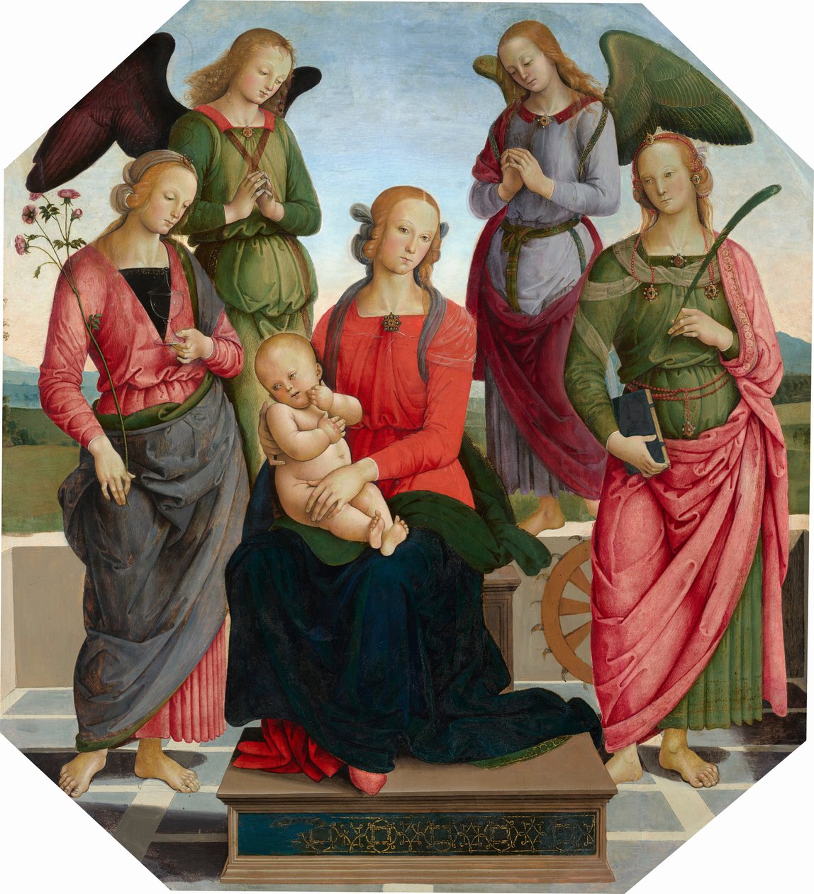 Madonna mit Kind und zwei Engeln, der Heiligen Rosa und der Heiligen Katharina von Alexandria, späte 1480er-frühe 1490er von Unknown Artist