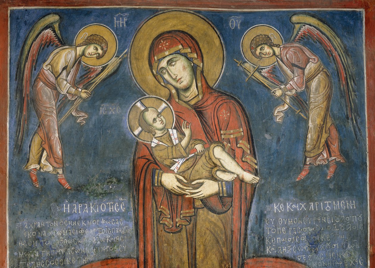 Madonna mit Kind zwischen Erzengeln, Fresko (1192), Panayia Tou Araka Kirche (Kirche Unserer Lieben Frau von Erbsen) (Unesco-Welterbeliste, 2001), Lagoudhera, Troodos-Gebirge, Zypern von Unknown artist