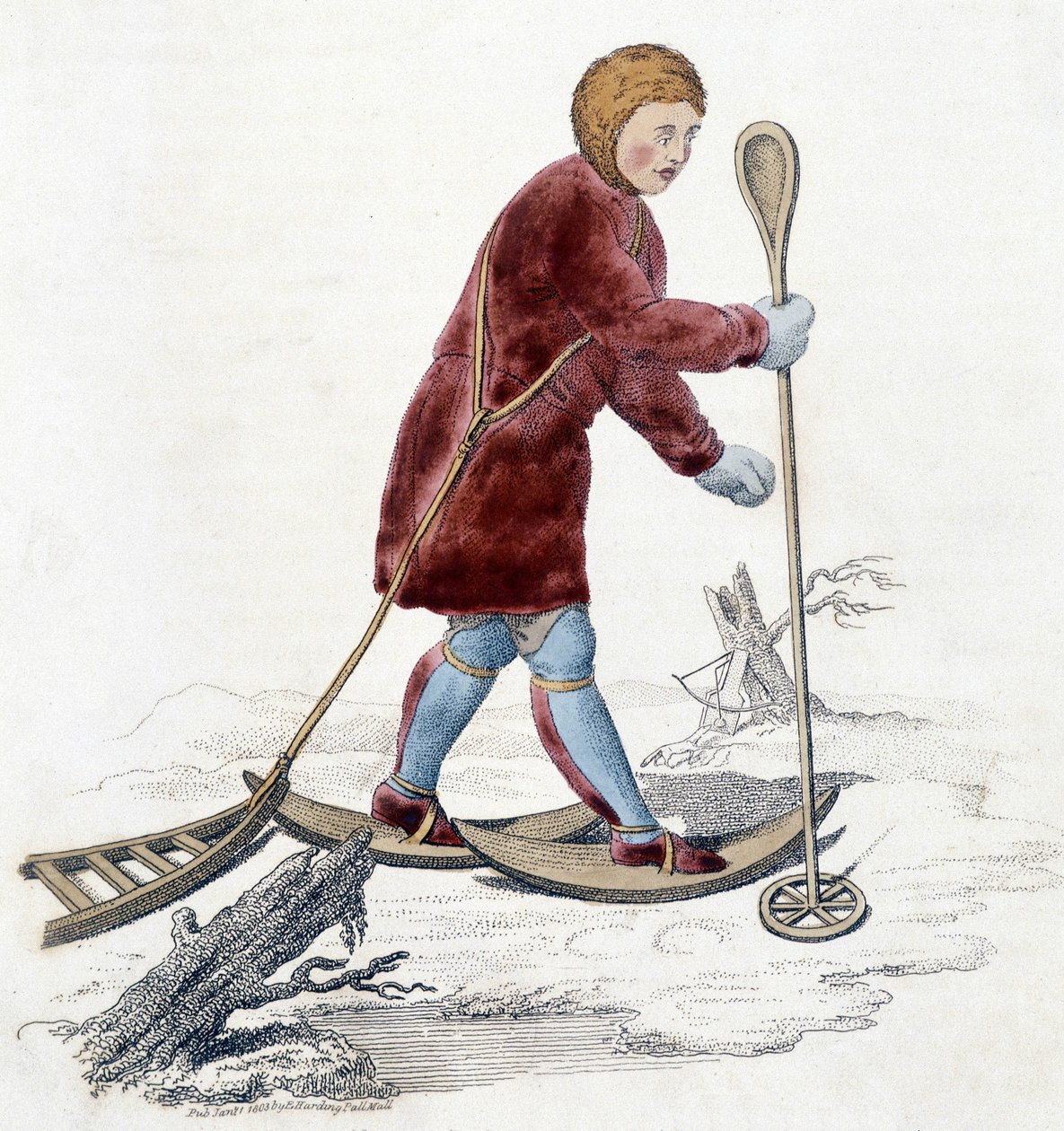Mann des Ostiak-Stammes (Khanty oder Khante) (Paleosibirischer Jägerstamm im Waldgebiet des mittleren Ob-Tals) auf Hermelinjagd. Illustration von 1803 von Unknown artist
