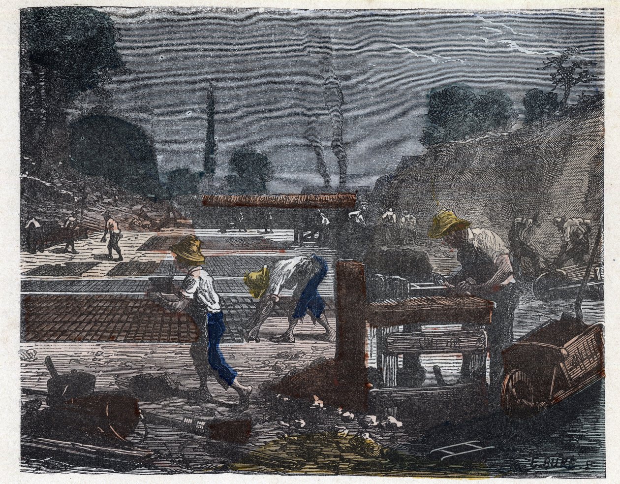 Herstellung eines Ziegels im 19. Jahrhundert: der Formarbeiter füllt seine Form mit Tonpaste, dann legt der Lehrling den Ziegel auf den Boden, um ihn zu trocknen. Gravur Ende des 19. Jahrhunderts. von Unknown artist