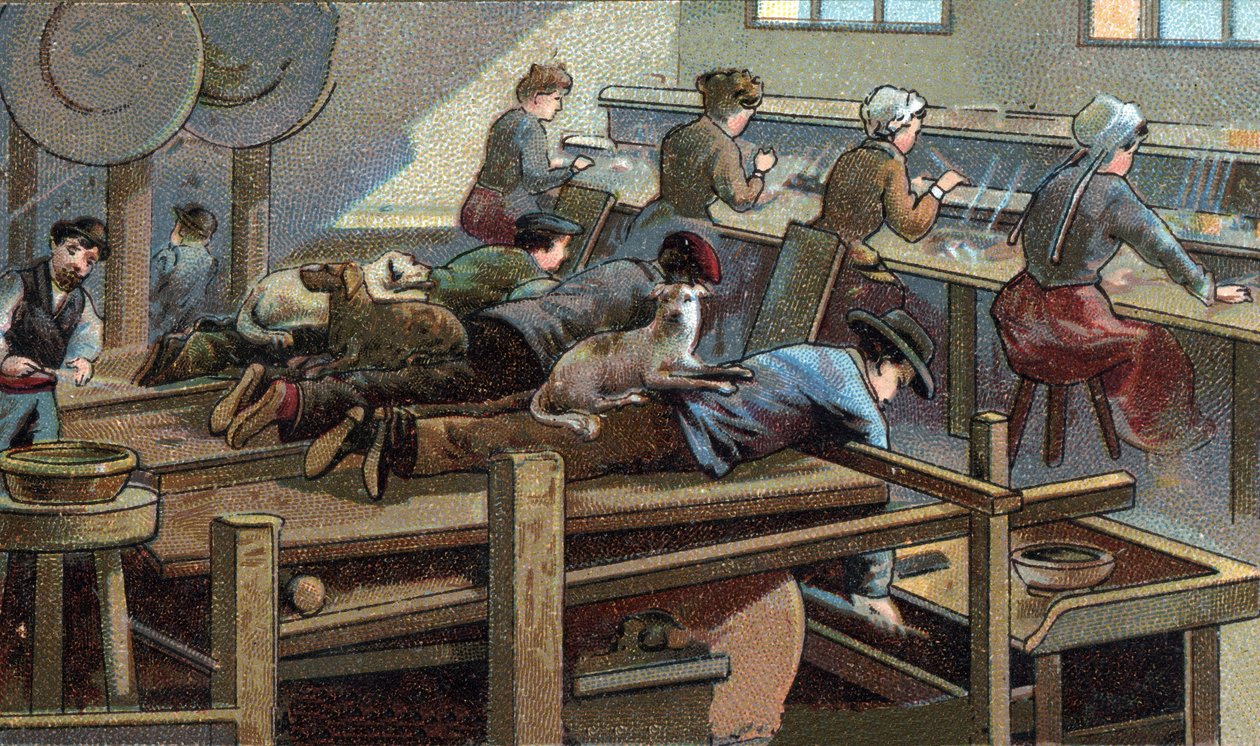 Messerherstellung: Gießerei. Chromolithografie des späten 19. Jahrhunderts von Unknown artist