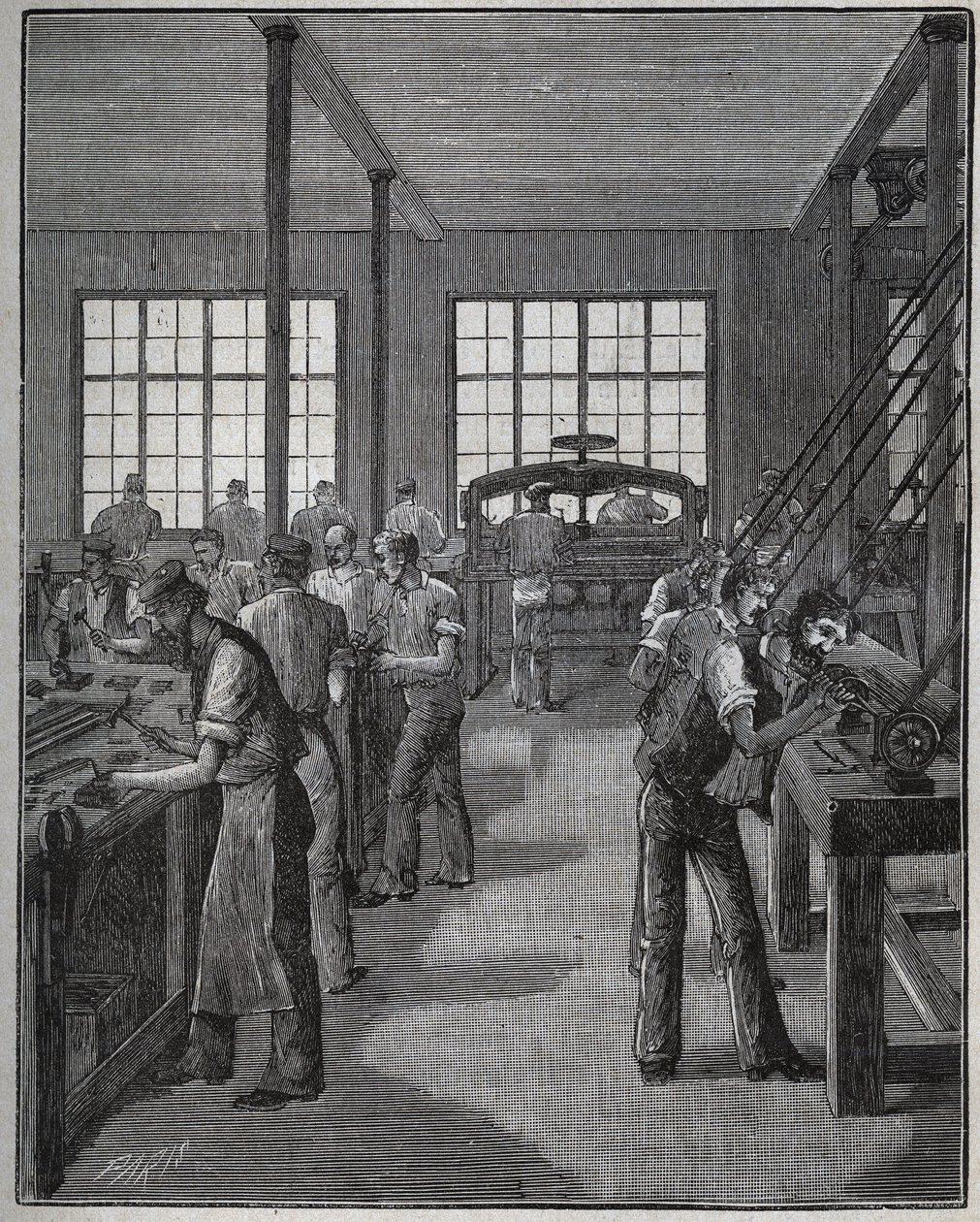 Herstellung von Federhaltern und Bleistifthaltern. Gravur von 1885 in „Les arts et métiers illustrés“ von Adolphe Bitard. von Unknown artist