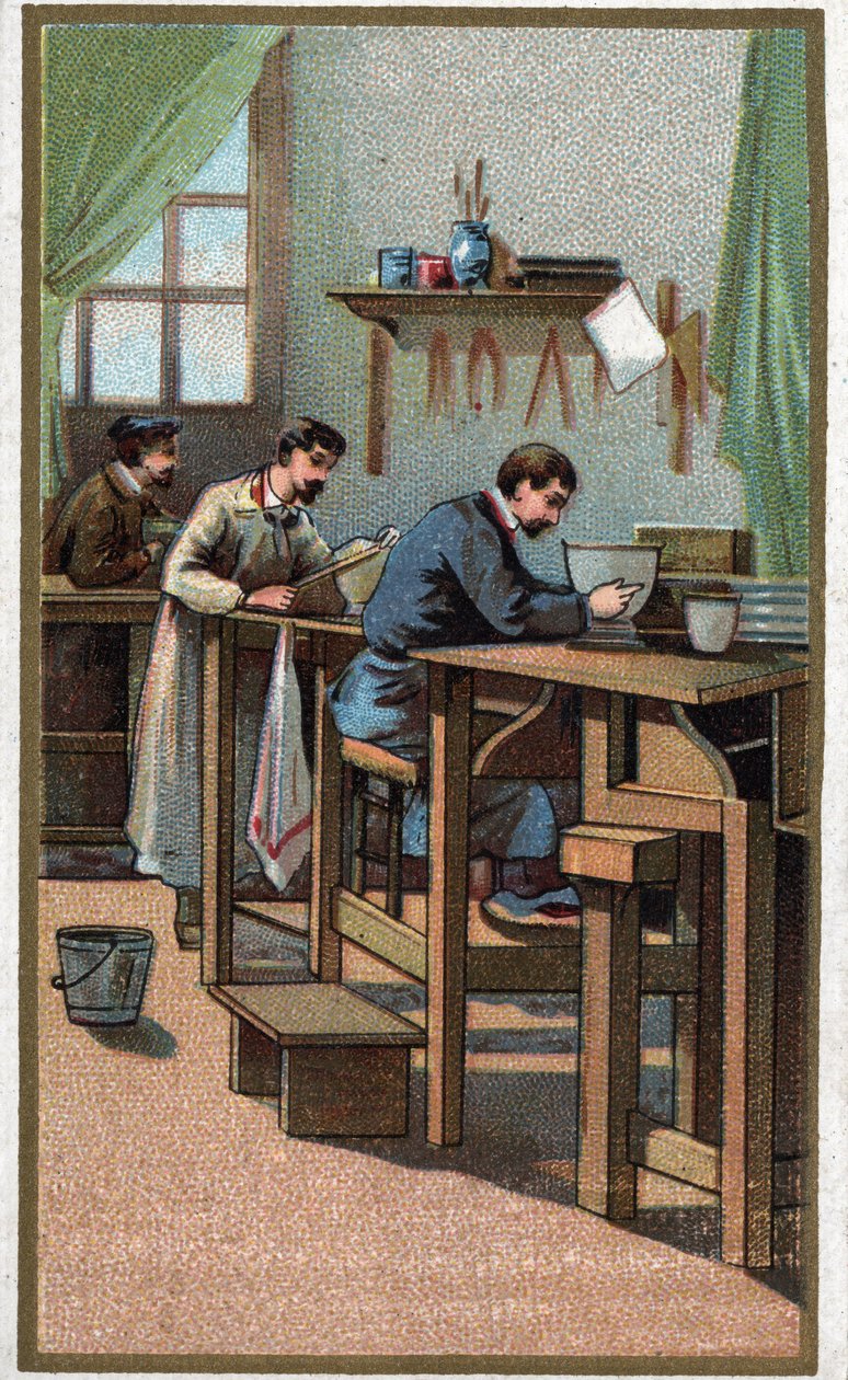 Porzellanherstellung: Drehen. Chromolithographie aus dem späten 19. Jahrhundert. von Unknown artist