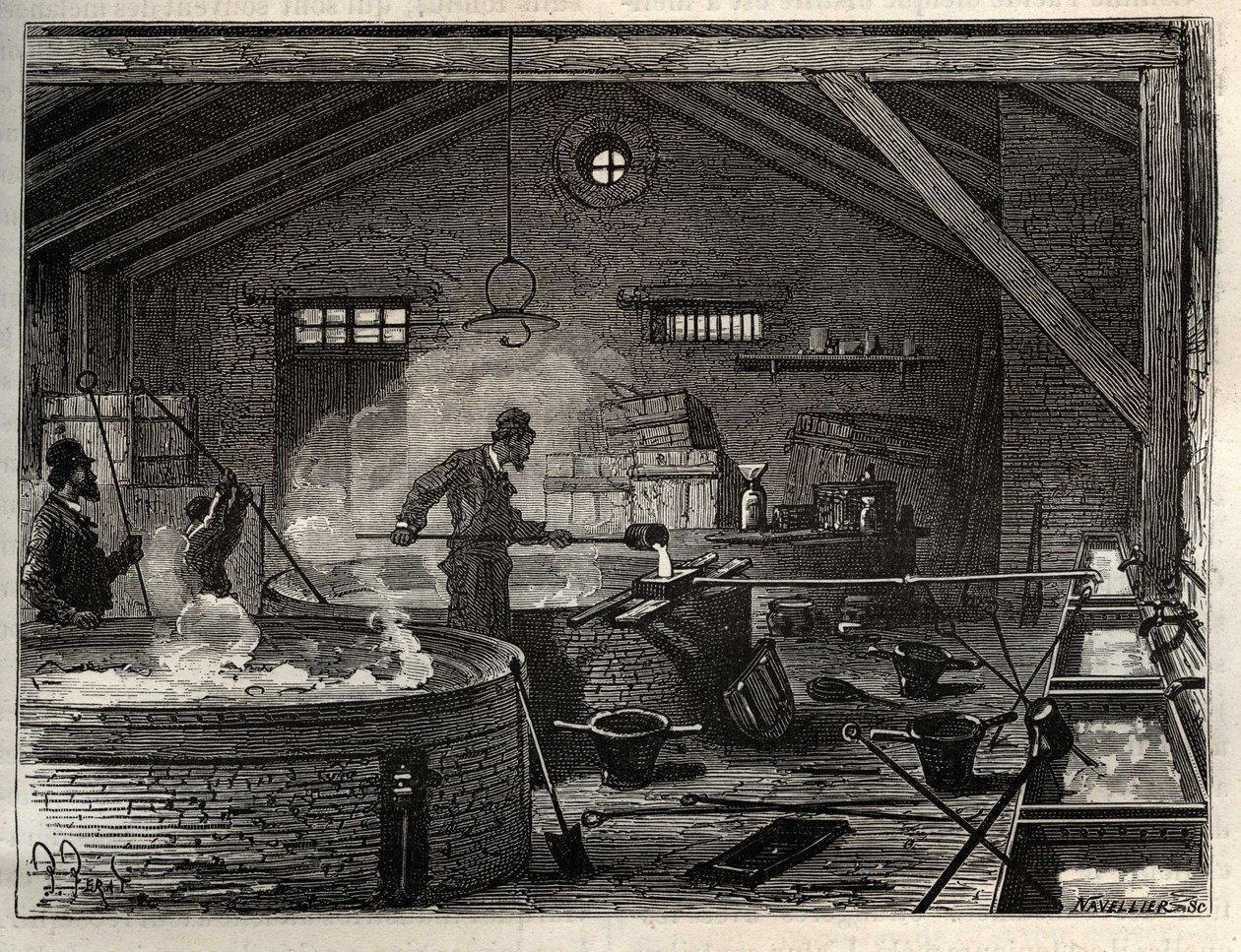 Seifenherstellung - Die Seifenindustrie - Herstellung von Talgseife in einer Fabrik in der Nähe von Paris, Kochvorgänge und Gießen in Formen. Gravur in 