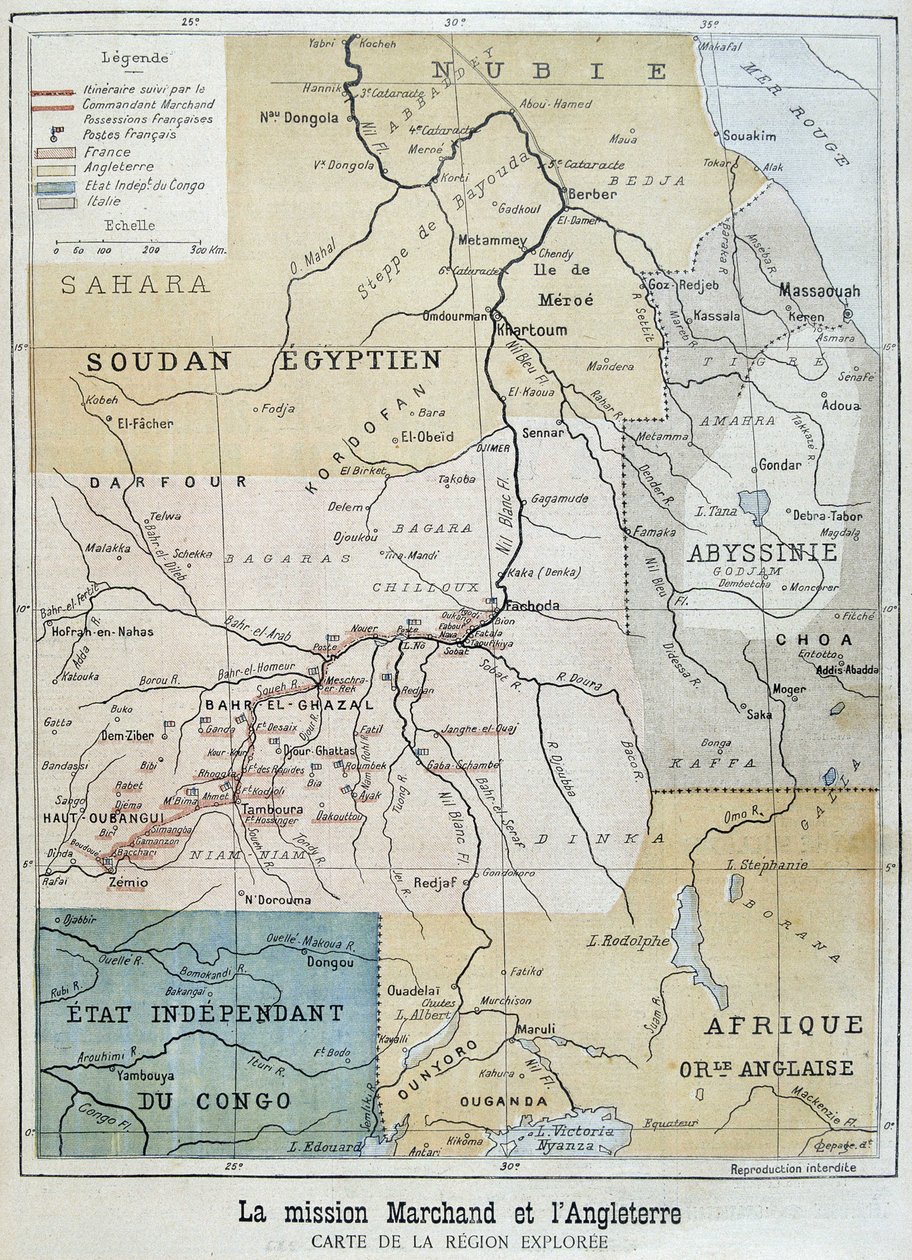 Karte des von der Mission Marchand erkundeten Gebiets - in „Le Petite Journal“ vom 09.10.1898 von Unknown artist