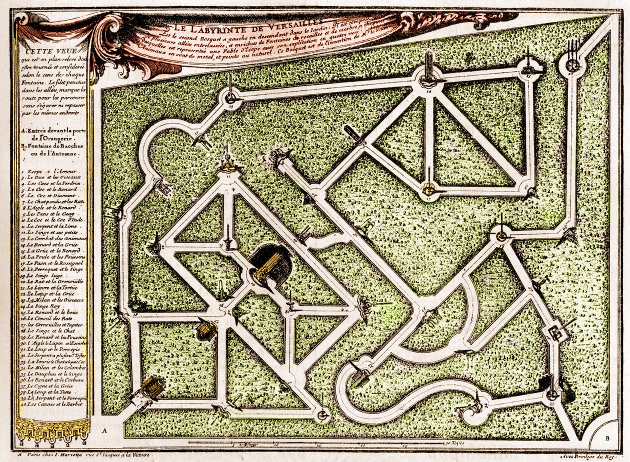 Karte des Labyrinths im Park des Schlosses von Versailles, erstellt von André Le Nôtre (1613-1700). Gravur in „La Nature. Revue des sciences et de ses applications aux arts et à l