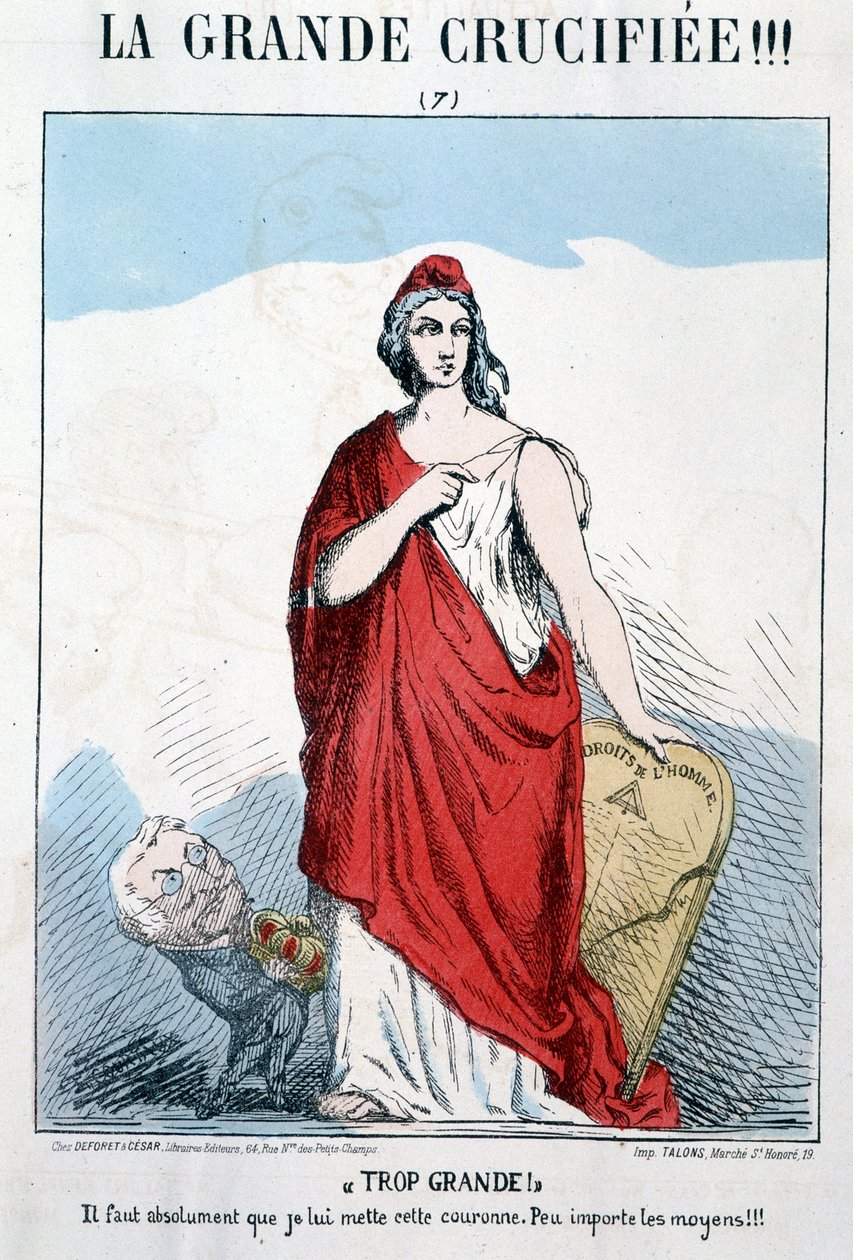 Marianne hält die Menschenrechte in ihrer Hand, denen Thiers eine Krone aufsetzen will - Karikatur von Unknown artist