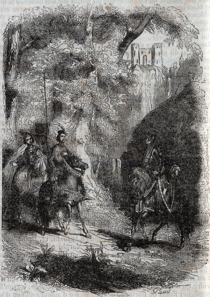 Marphise und die alte Frau treffen Pinabel - Gravur von 1851 aus „Roland furieux“ (Orlando furioso) (16. Jahrhundert) von Ludovico Ariosto, bekannt als der Ariosta - Ausgabe übersetzt aus dem Italienischen von Graf von Tressan und veröffentlicht von Gustav von Unknown artist