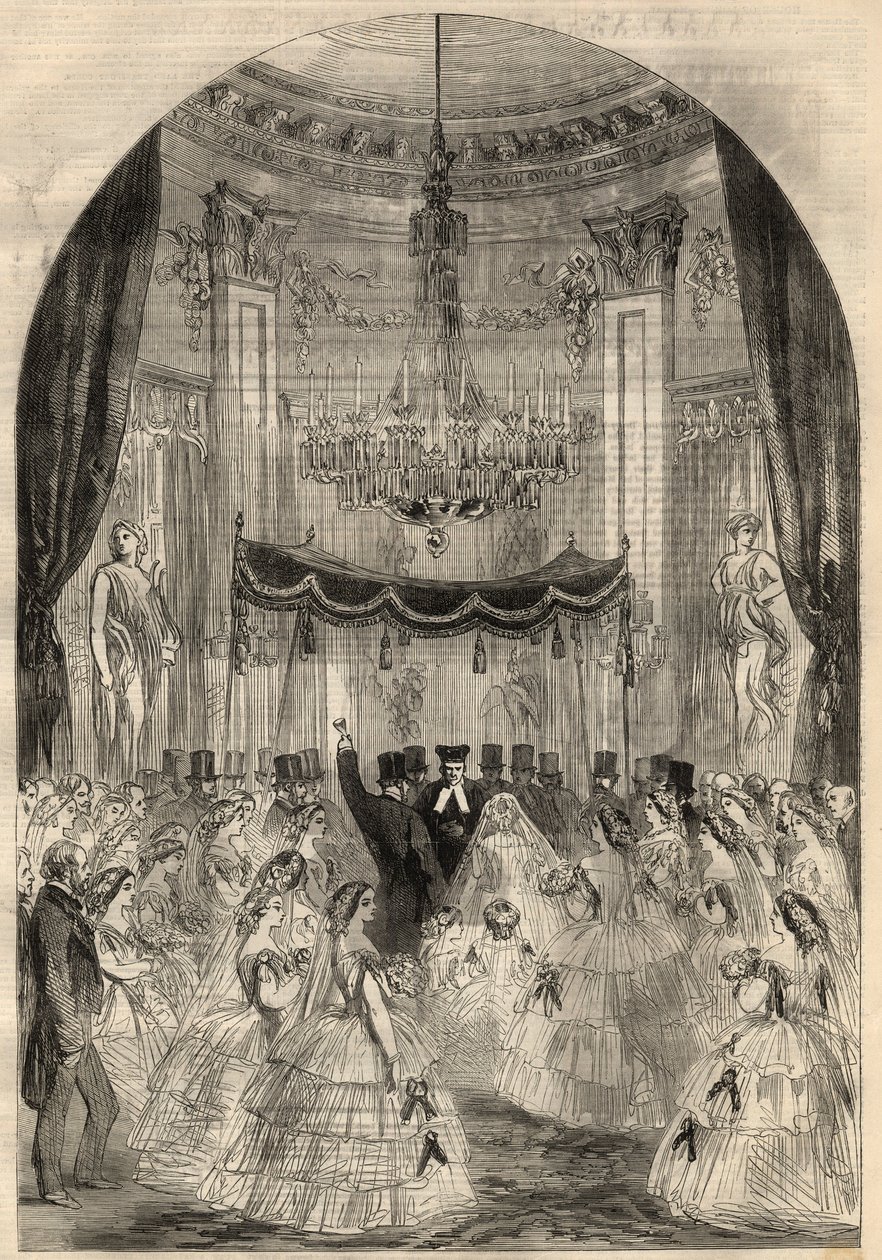Hochzeit von Baron Alphonse de Rothschild (1827-1905) und Leonora de Rothschild (1837-1911). Die Braut lernte, ein Getränk auf den Boden zu werfen, die letzte Stufe einer jüdischen Hochzeit, genannt „zerbrochenes Glas“. Gravur in „The Illustrated London Ne von Unknown artist