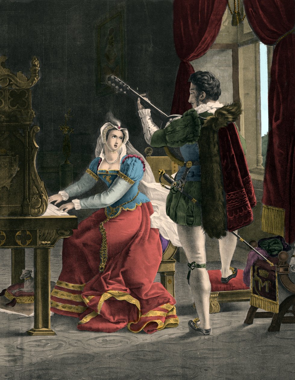 Maria Stuart und David Rizzio - Marie (Mary) Iere Stuart (1542-1587) mit David (Davide) Rizzio - Gravur aus dem 19. Jahrhundert von Unknown artist