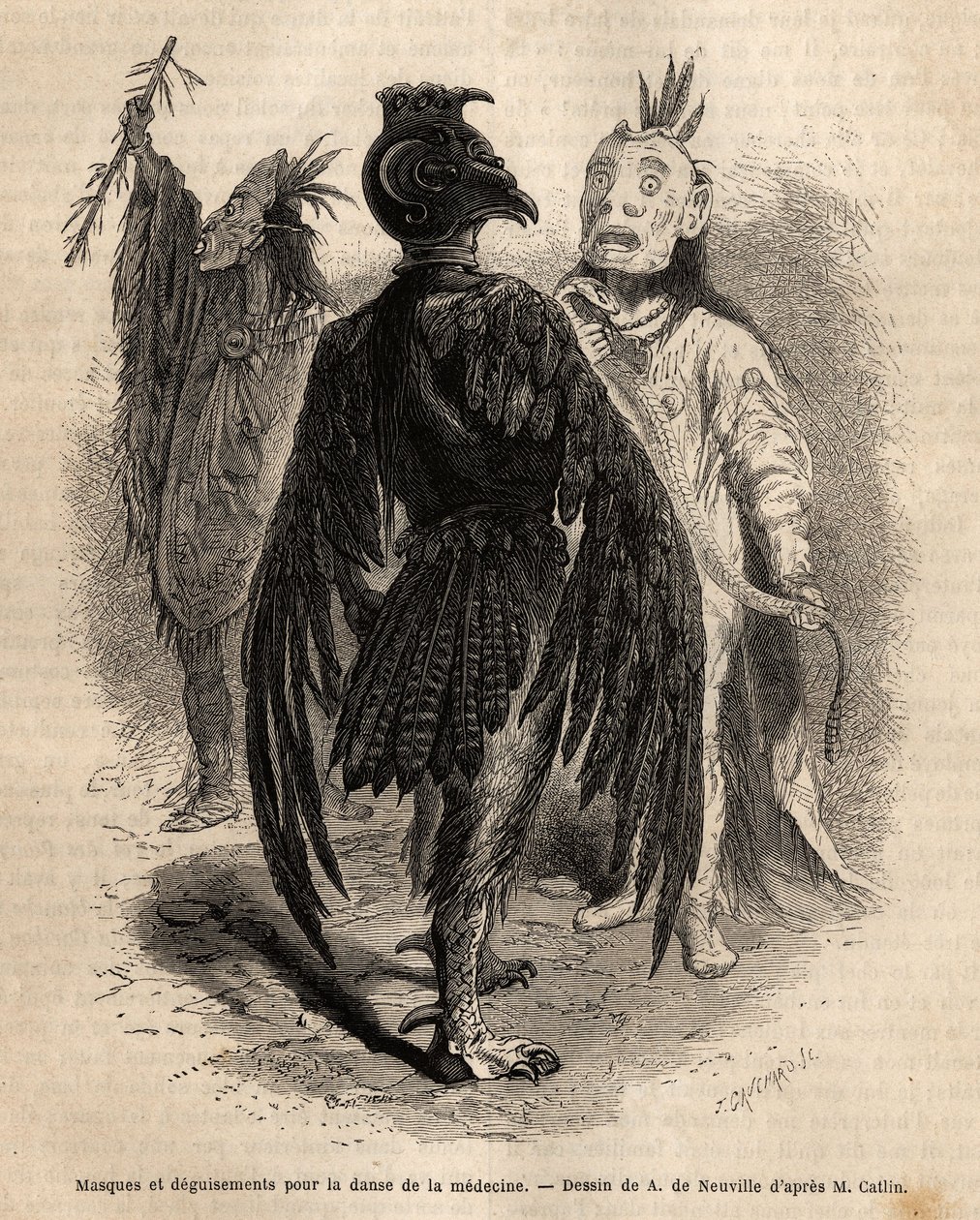 Masken und Verkleidungen für den Medizintanz unter den Naya-Indianern. Gravur zur Illustration eines Ausflugs unter die Indianerstämme der Becken von Kolumbien und Ober-Missouri, von G. Catlin, 1855, veröffentlicht in „Le tour du monde“, unter der Leitung von Unknown artist