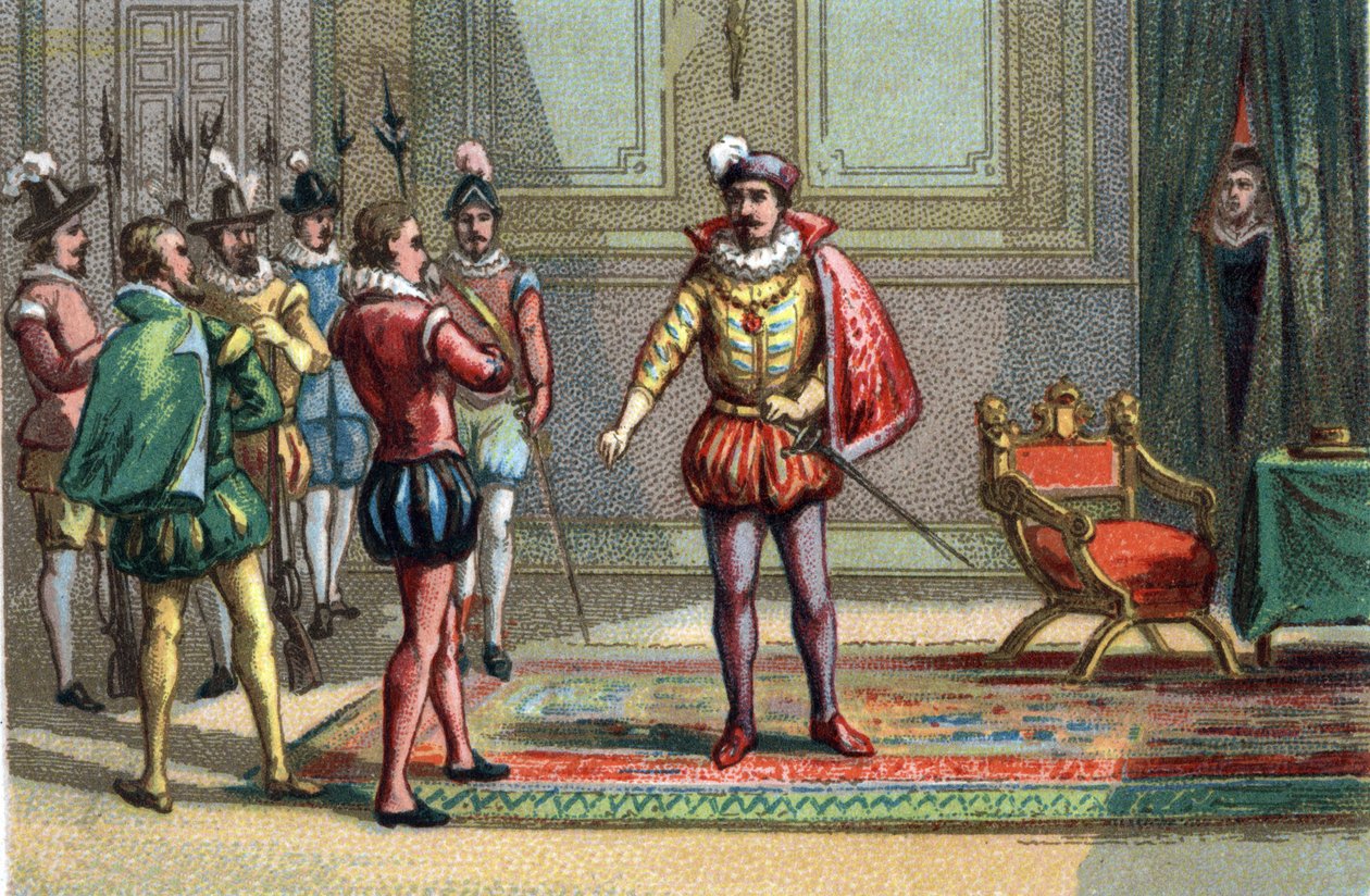 Massaker von Saint Barthelemy, der Herzog von Conde und Heinrich von Navarra wurden zu Karl IX., König von Frankreich (1550-1574), gebracht, der ihnen die Wahl zwischen Messe und Tod anbot. Catherine de Medicis (Caterina de Medici) (1519-1589) beobachtet d von Unknown artist