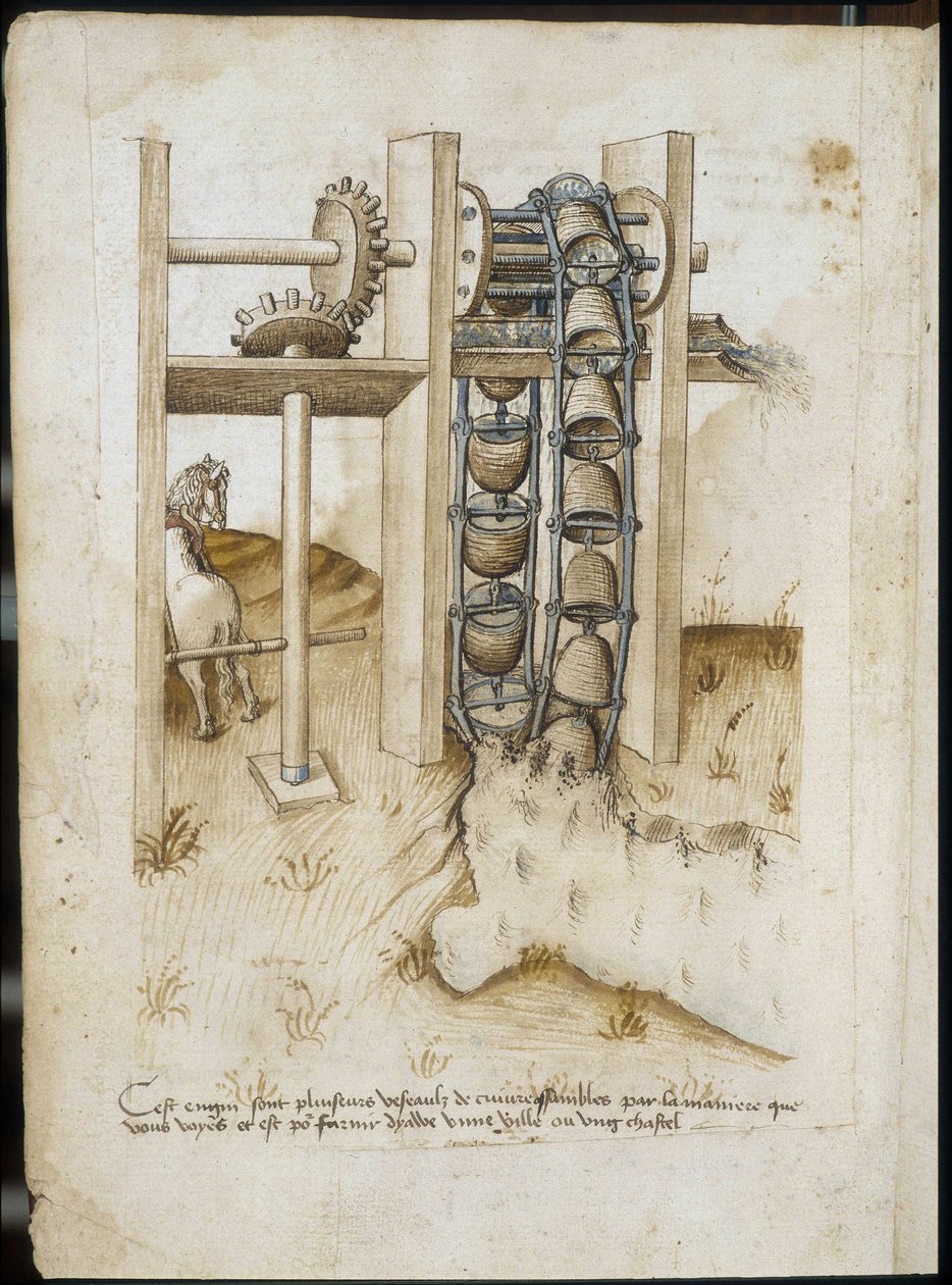 Mechanisches System mit einem Rad, das durch Pferdekraft angetrieben wird, um die Erde zu graben - Manuskript: Pergamentblatt aus einem Ingenieurshandbuch für den Bau ziviler, religiöser und militärischer Gebäude, anonym, Ende des 15. Jahrhunderts (Figur i von Unknown artist