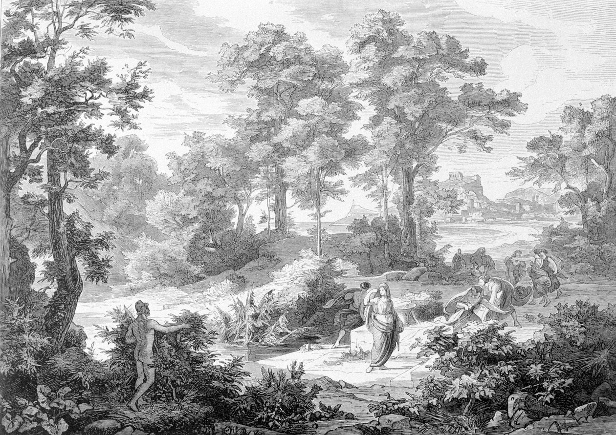 Begegnung zwischen Odysseus, der am Fluss lag, und Nausikaa. Gravur aus dem späten 19. Jahrhundert von Unknown artist
