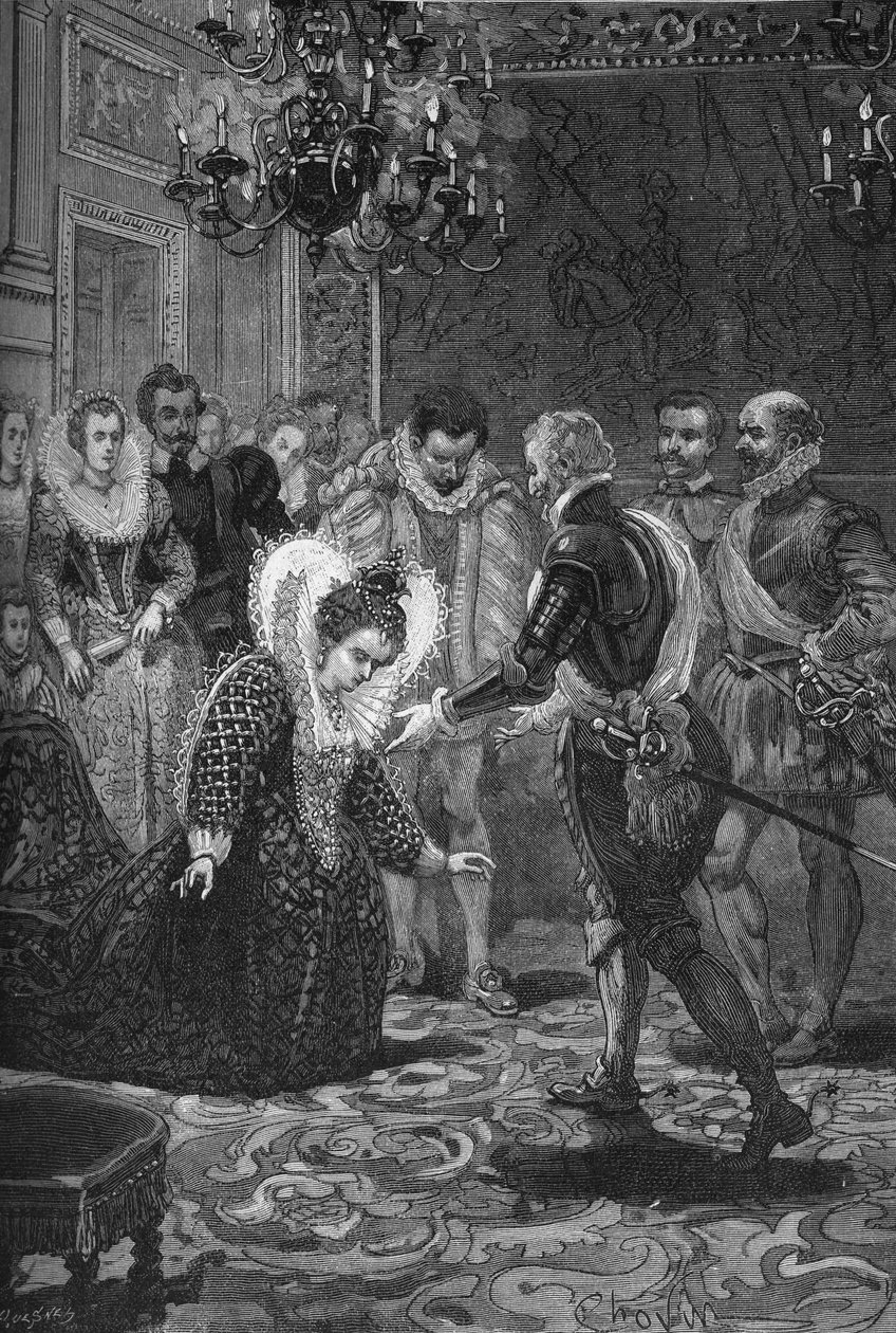 Treffen von Maria de Medici und Heinrich IV. (1601): Maria de Medici (1573-1642) verneigt sich vor ihrem Ehemann, König von Frankreich Heinrich IV. (1553-1610). Gravur des 19. Jahrhunderts. In „Histoire de France“ von Jules Michelet von Unknown artist