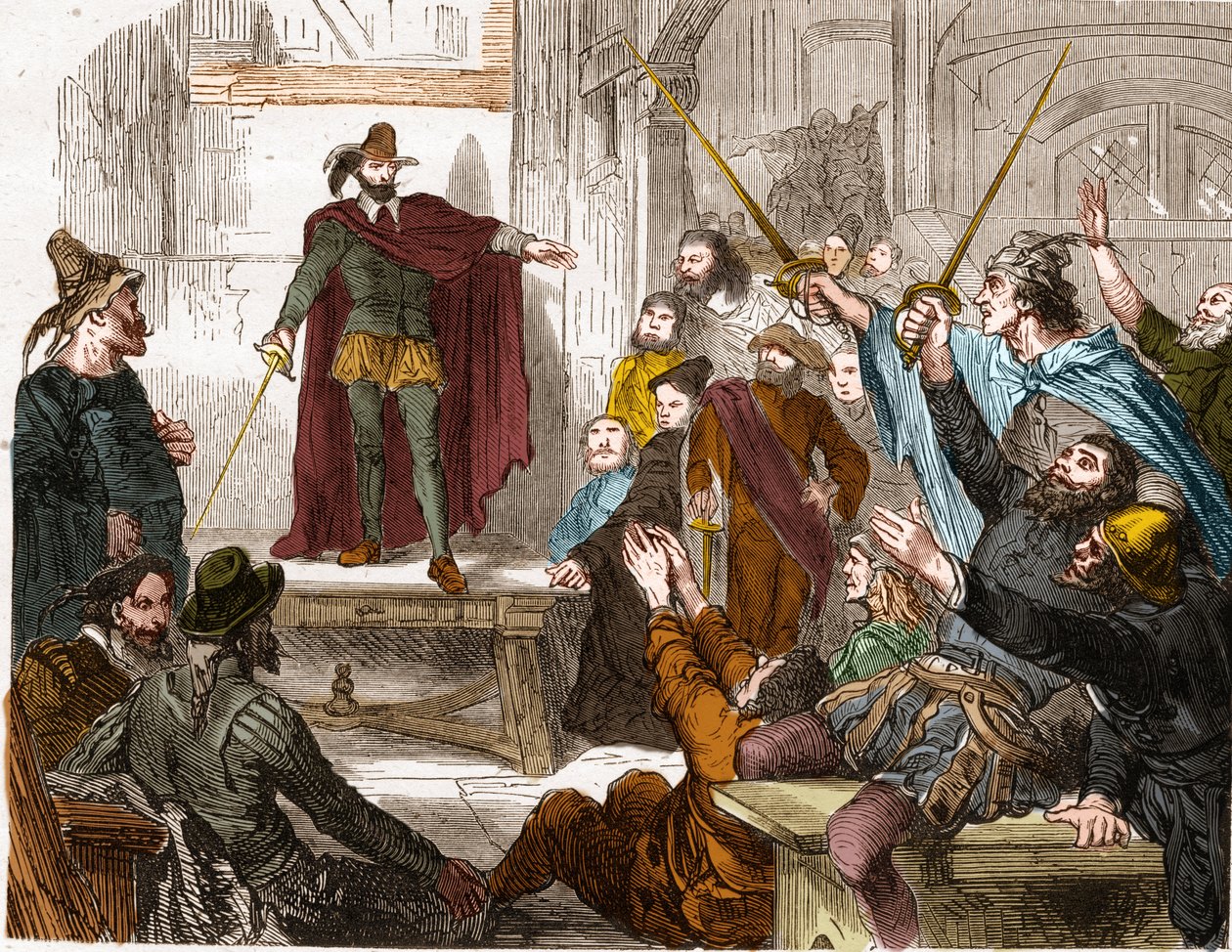 Sitzung des Komitees der Sechzehn (16) im Jahr 1588 (Rat der Vertreter der sechzehn Viertel von Paris) Aufstandskomitee, das während der Liga in Paris gebildet wurde. von Unknown artist