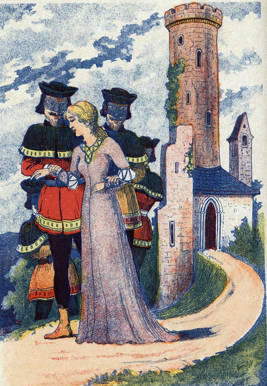 Männer maskieren die Prinzessin. Anonyme Illustration für das Märchen „L