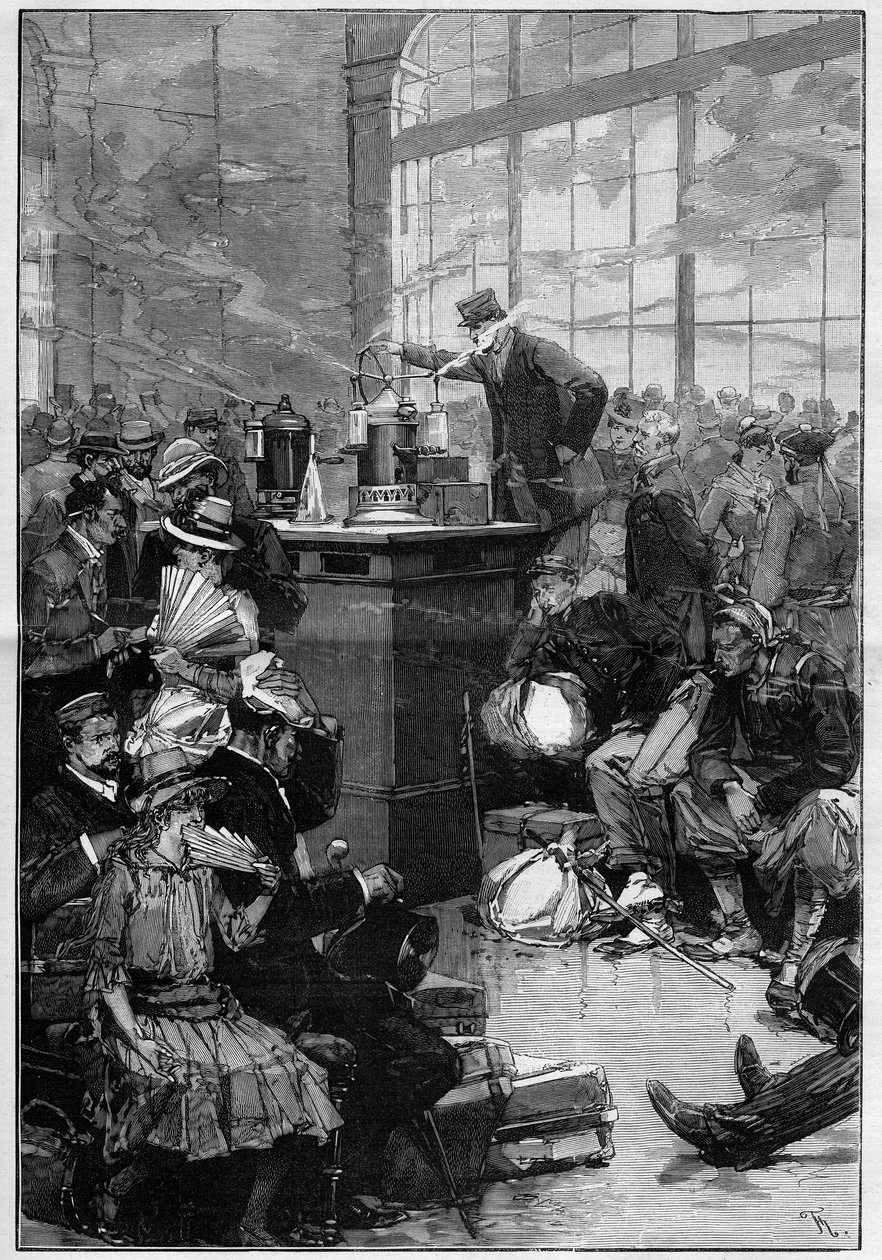 Maßnahmen gegen die Cholera-Epidemie in Toulon: der Desinfektionsraum des Bahnhofs Lyon, Paris. Gravur in „Le Monde Illustré“ von Unknown artist