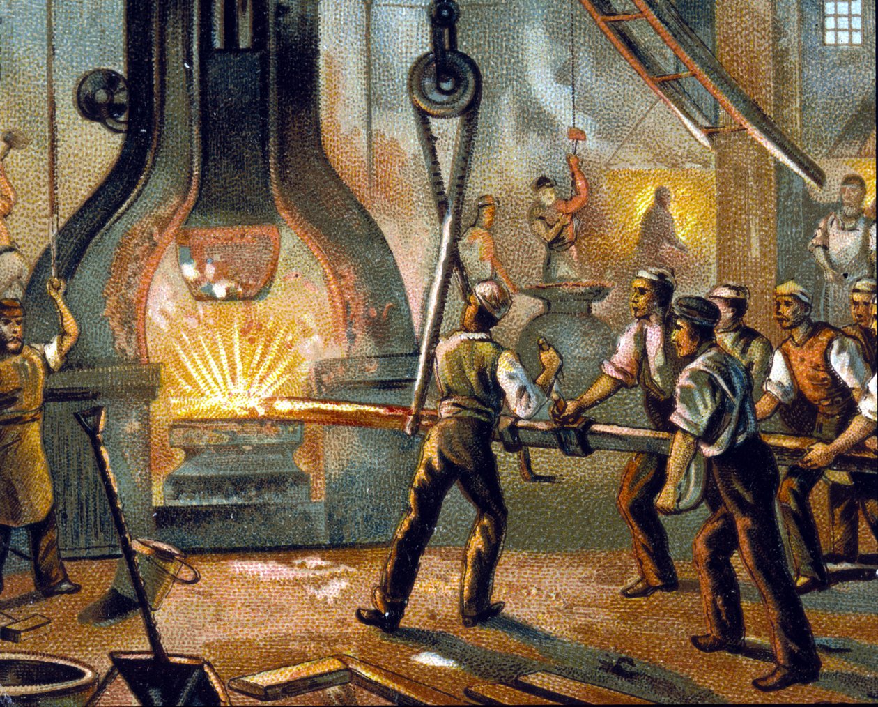 Metallurgie: Trommelhammer - Herstellung von Eisen. Chromolithographie 1890 von Unknown artist