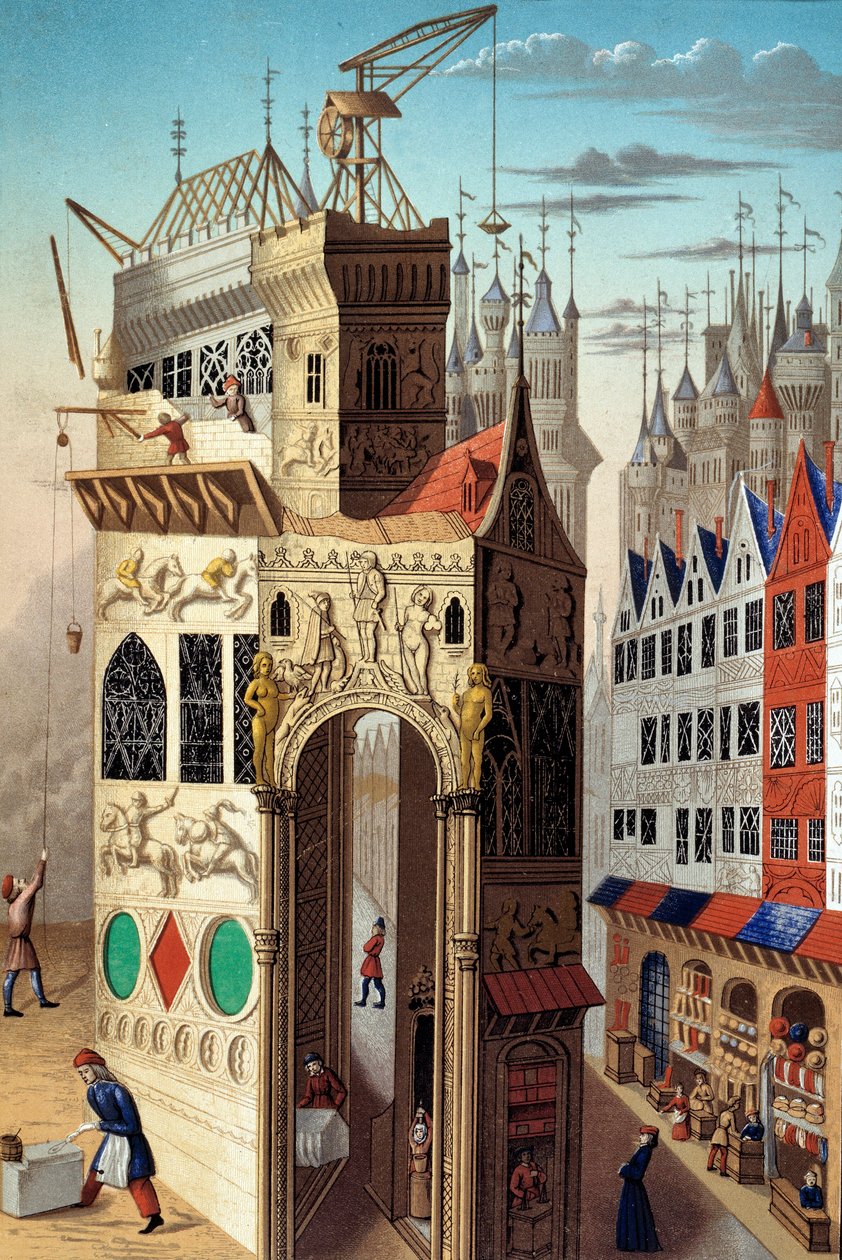 Mittelalter: Straßenszene im 15. Jahrhundert. Händler und Arbeiter auf einer Straße, 20. Jahrhundert (Illustration) von Unknown Artist