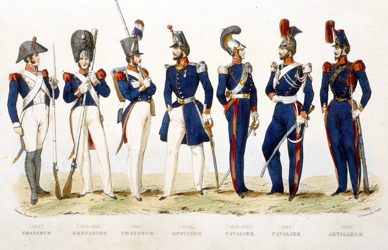 Militäruniform: Jäger (1815), Grenadier (1815 - 1830), Jäger (1830), Offizier (1848), Reiter (1815 - 1830), Reiter (1848), Kanonier (1848) - in „Fasttes de Gardes nationales de France“ von Unknown artist
