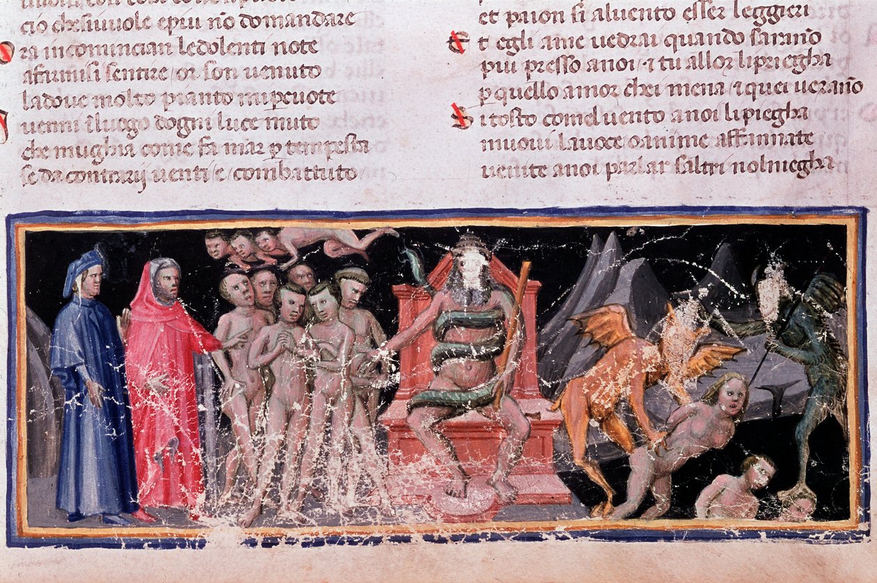 Minos richtet die Vergehen und entsendet die Seelen (Gesang 5 der Hölle, in der Göttlichen Komödie) - Miniatur von Unknown artist