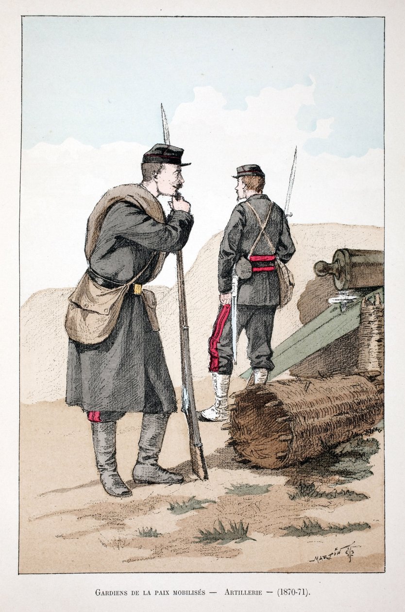 Mobilisierte Friedenswächter (1870-1871). Farbradierung zur Illustration „Geschichte des Friedenswächterkorps“ Buch veröffentlicht unter der Schirmherrschaft von Louis Lepine (1846-1933), Polizeipräfekt von Paris, von Alfred Rey (1864-?) und Louis Feron von Unknown artist