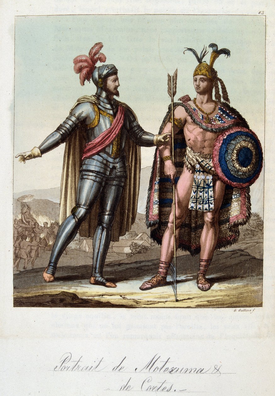 Montezuma II., Aztekenkönig, und Hernan (oder Hernando) Cortes oder Fernand Cortez (1485-1547), spanischer Konquistador - in „Das alte und moderne Kostüm“ von Ferrario, ed. Mailand von Unknown artist