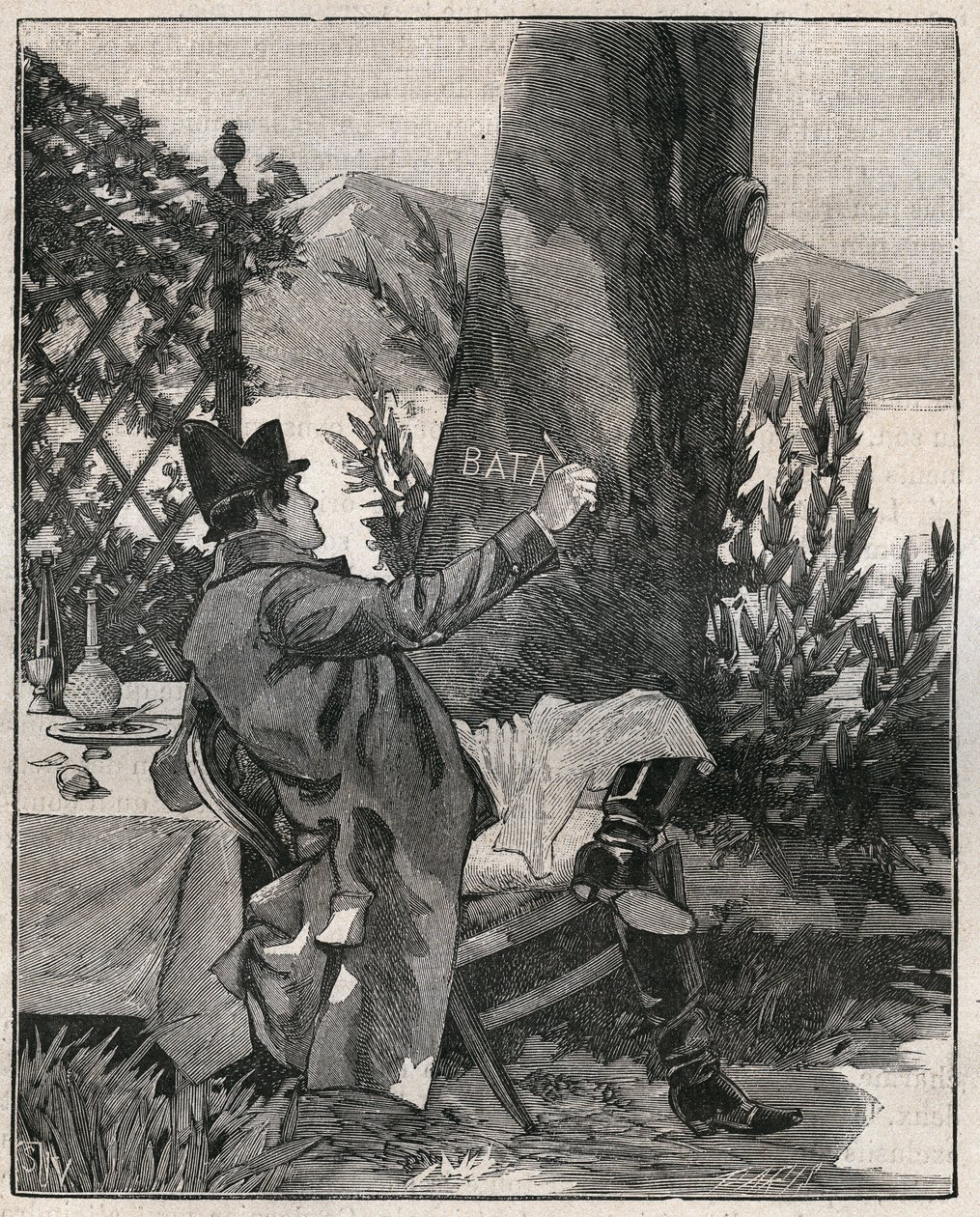 Napoleon Bonaparte (1769-1821) schrieb das Wort „Battaglia“ auf den Stamm eines Lorbeerbaums auf der Insel Isola Bella am Lago Maggiore, drei Tage vor der Schlacht von Marengo im Jahr 1800. Gravur von 1885 in „Les arts et métiers illustrés“. von Unknown artist