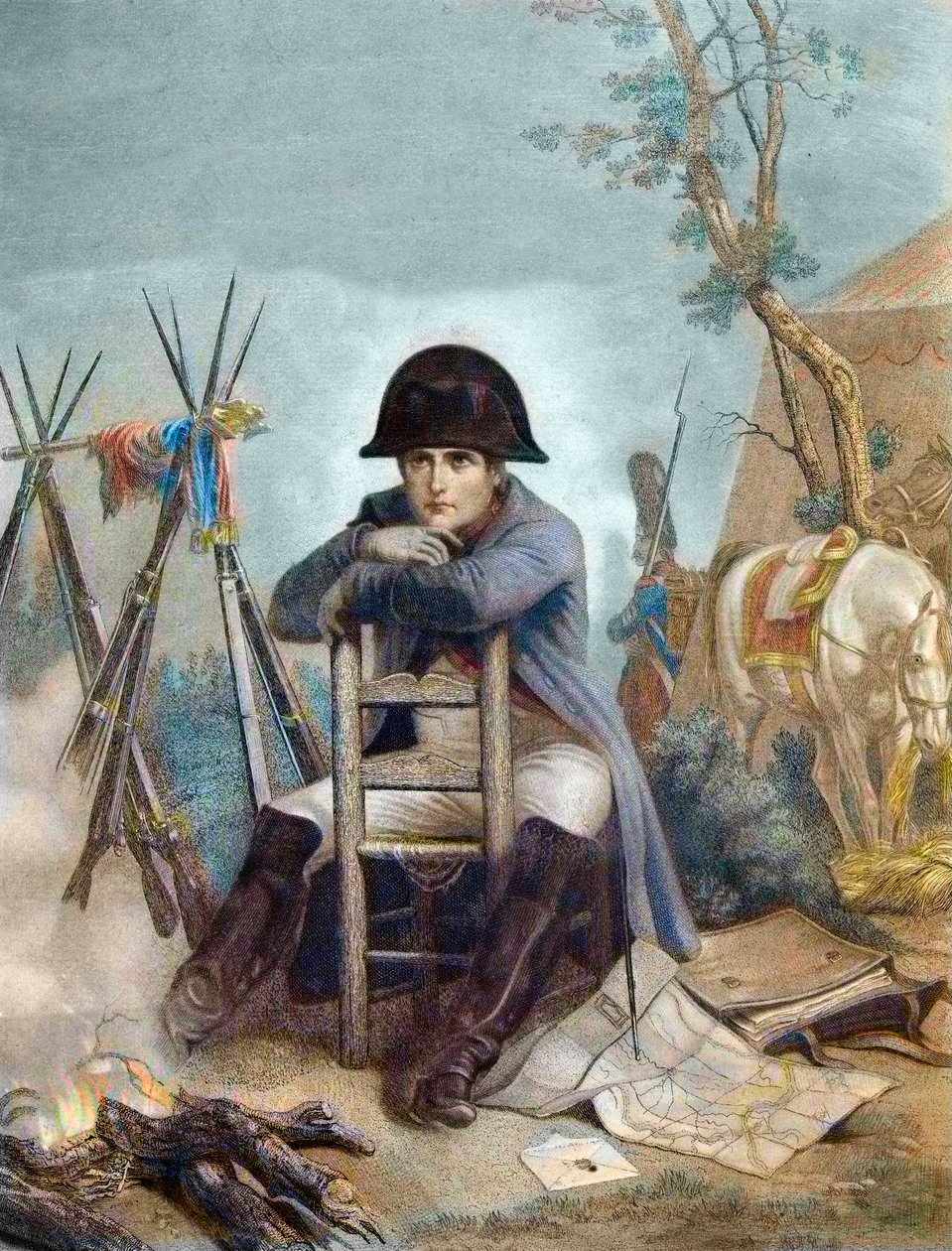 Napoleon am Biwak am Vorabend der Schlacht von Austerlitz - Gravur von Philippoteaux - Napoleon am Biwak. Die Schlacht von Austerlitz (1805), auch bekannt als die Schlacht der drei Kaiser von Unknown artist