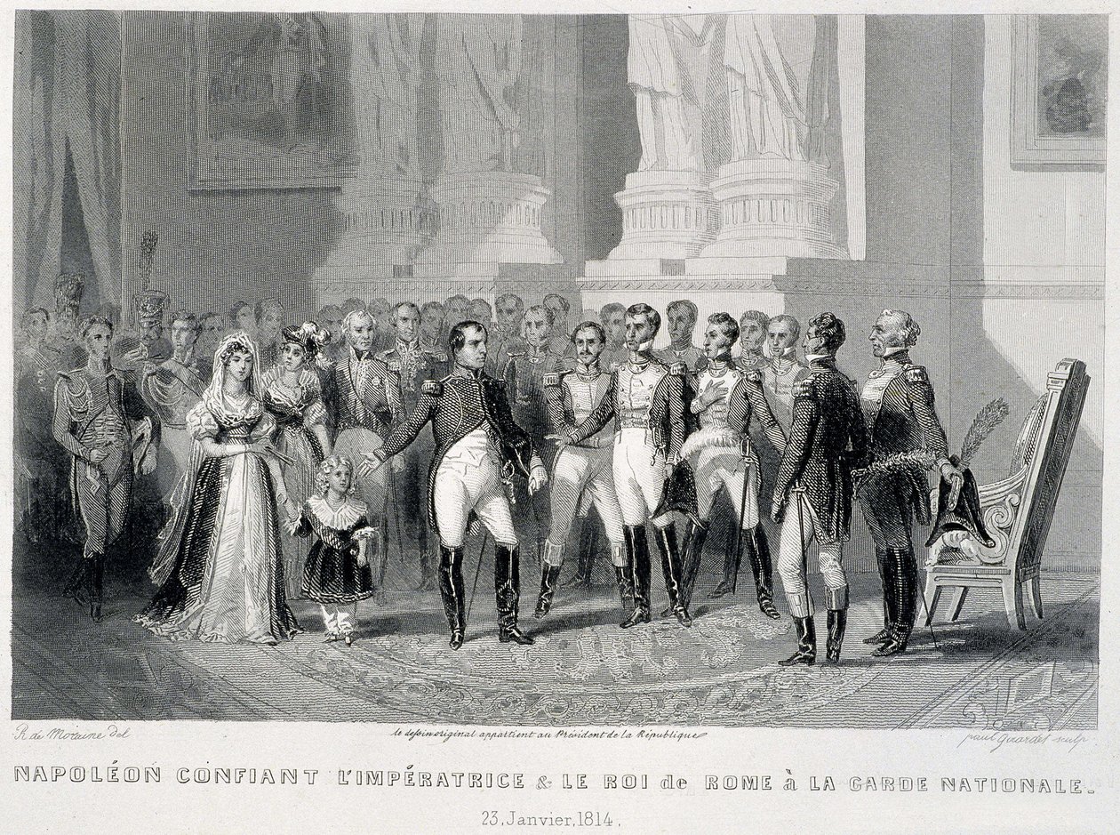 Napoleon vertraut die Kaiserin und ihren Sohn, den König von Rom, der Nationalgarde an (23. Januar 1814) - in „Fastes de Gardes nationales de France“ von Unknown artist