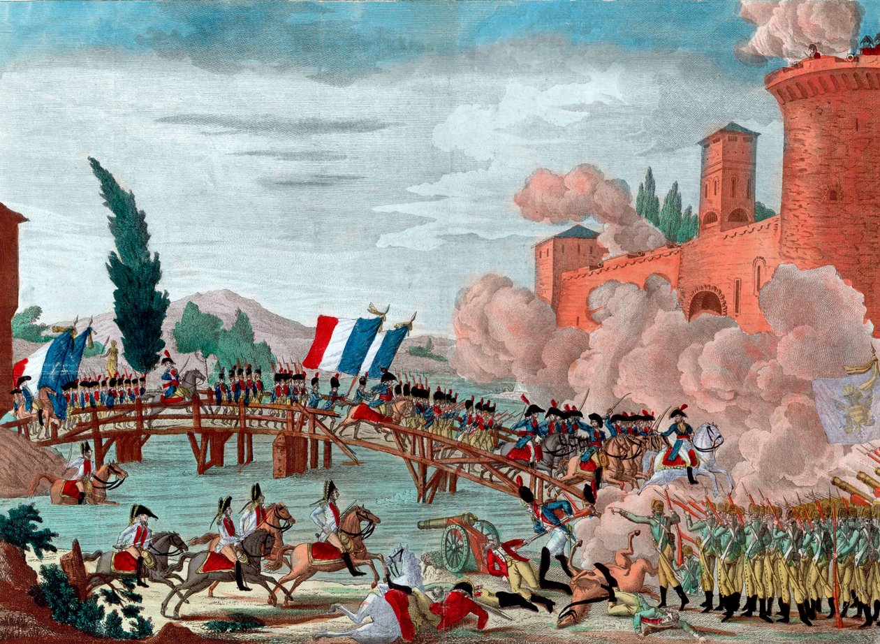 Napoleon führt seine Armee über die Brücke von Lodi - Napoleon während der Schlacht und Überquerung der Brücke von Lodi im Jahr 1796 - Überquerung der Brücke von Lodi in Italien durch die republikanisch-französische Armee unter dem Kommando von General Nap von Unknown artist