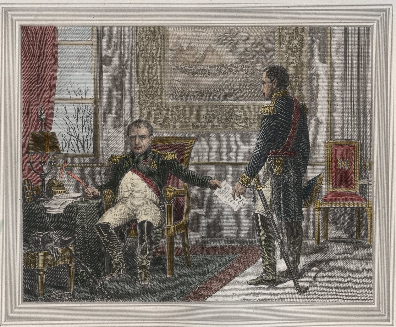 Napoleon unterzeichnet seine Abdankung 1814 - Napoleon Bonaparte in Fontainebleau während seiner ersten Abdankung, unterzeichnet im April 1814 - Gravur in „Les Fastes populaires“ von Unknown artist