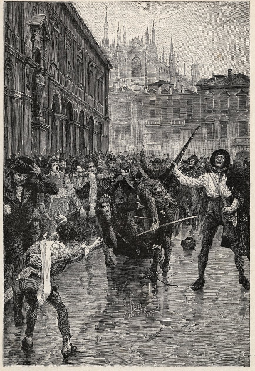 Napoleons Abdankung löst Unruhen in Mailand aus, und Giuseppe Prina, der unbeliebte Finanzminister, wird durch die Straßen geschleift und schließlich von der Menge auf der Piazza San Fedele in Mailand am 20. April getötet von Unknown artist