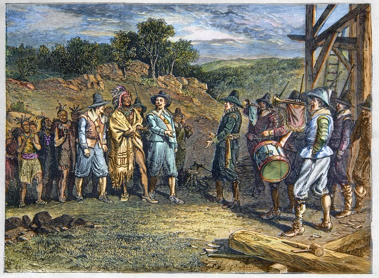 Ureinwohner Amerikas: Indianer. Die Siedler trafen Massasoit (1590-1661), auch bekannt als Ousamequin „Gelbe Feder“, Häuptling des Wampanoag-Stammes, Plymouth-Kolonie, Jahre 1620. Wampanoag-Anführer Massasoit besucht Kolonisten in Plymouth von Unknown artist