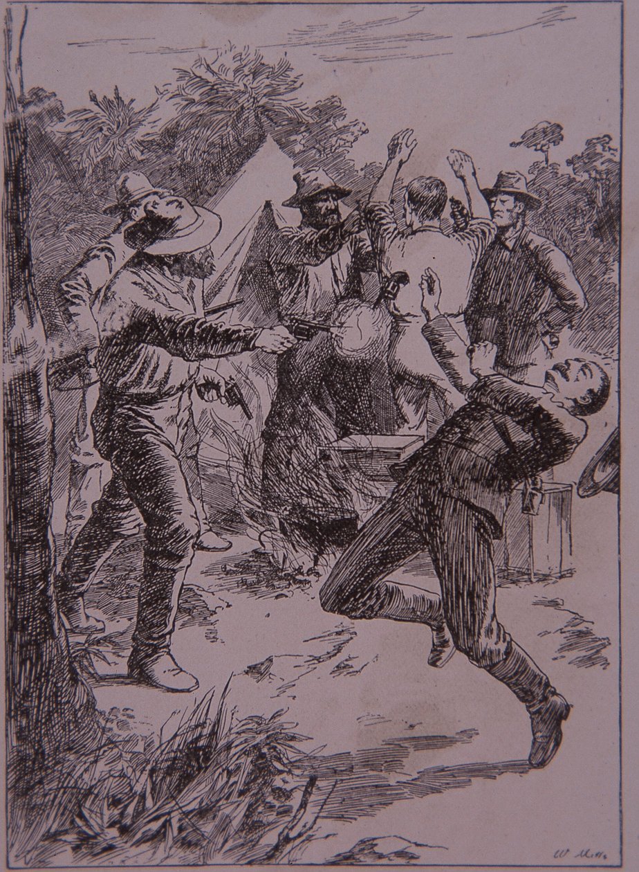 Ned Kelly tötet Polizeibeamten Lonigan am Stringybark Creek im Jahr 1878 (Stich) von Unknown artist