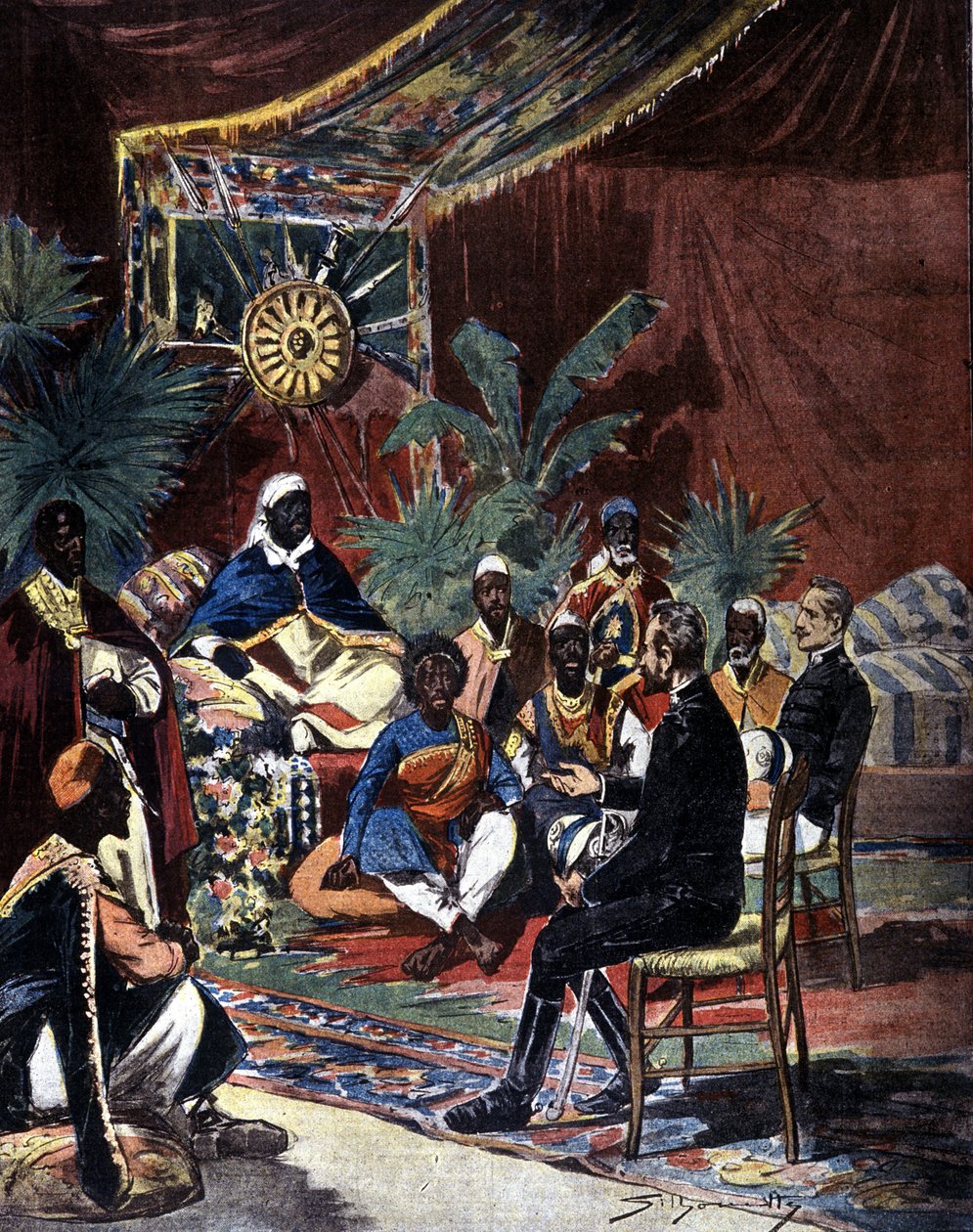 Friedensverhandlungen mit Äthiopien nach der italienischen Niederlage in Adoua 1896. Major Salsa und Hauptmann Angherà trafen sich mit König Menelik II. (1844 - 1913) und seinen Häuptlingen. Illustration der späten Presse des 19. Jahrhunderts von Silhouett von Unknown artist