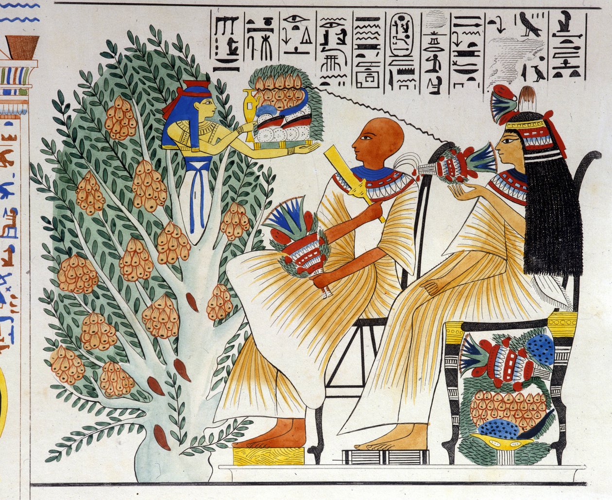 Nephtys, ägyptische Göttin, entspringt dem mystischen Baum und bietet dem Verstorbenen Nahrung an - in „Monuments of Egypt and Upper Nubia“ von Ippolito Rosellini. 19. Jahrhundert von Unknown artist