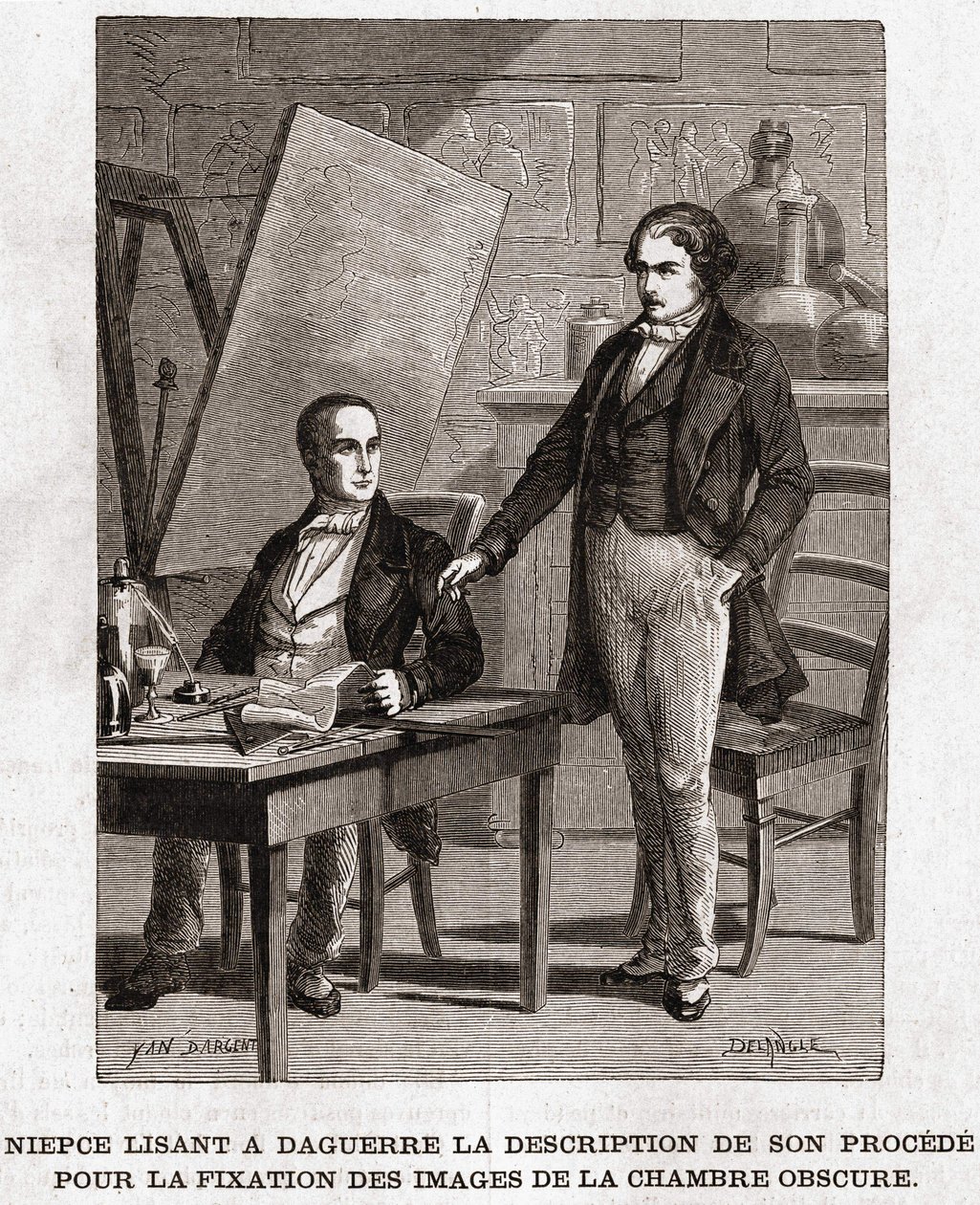 Niepce liest Louis Daguerre die Beschreibung der Heliographie vor, zur Fixierung von Bildern aus der Camera Obscura - Nicéphore Niepce (1765-1833), französischer Erfinder, Pionier der Fotografie, liest Daguerre die Beschreibung seiner Methode zur Fixierung von Unknown artist