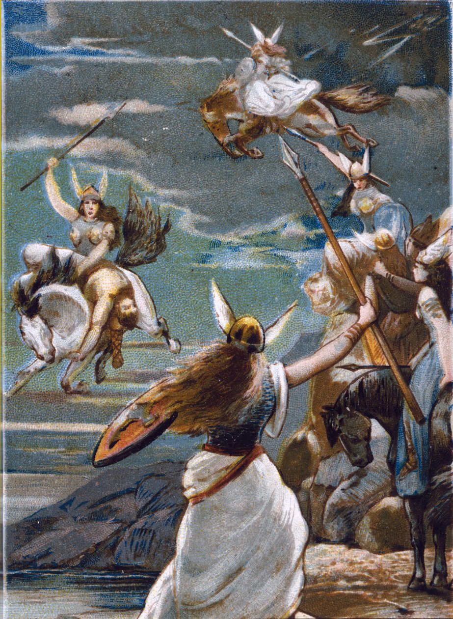 Nordische Mythologie: Die Walküren (Kriegerjungfrauen) in Valholl (oder Walhalla, Valhalla, Valhalle: Ort, an dem tapfere Krieger gebracht werden) und der Fall der Krieger in der Schlacht. Chromolithographie des 19. Jahrhunderts von Unknown artist