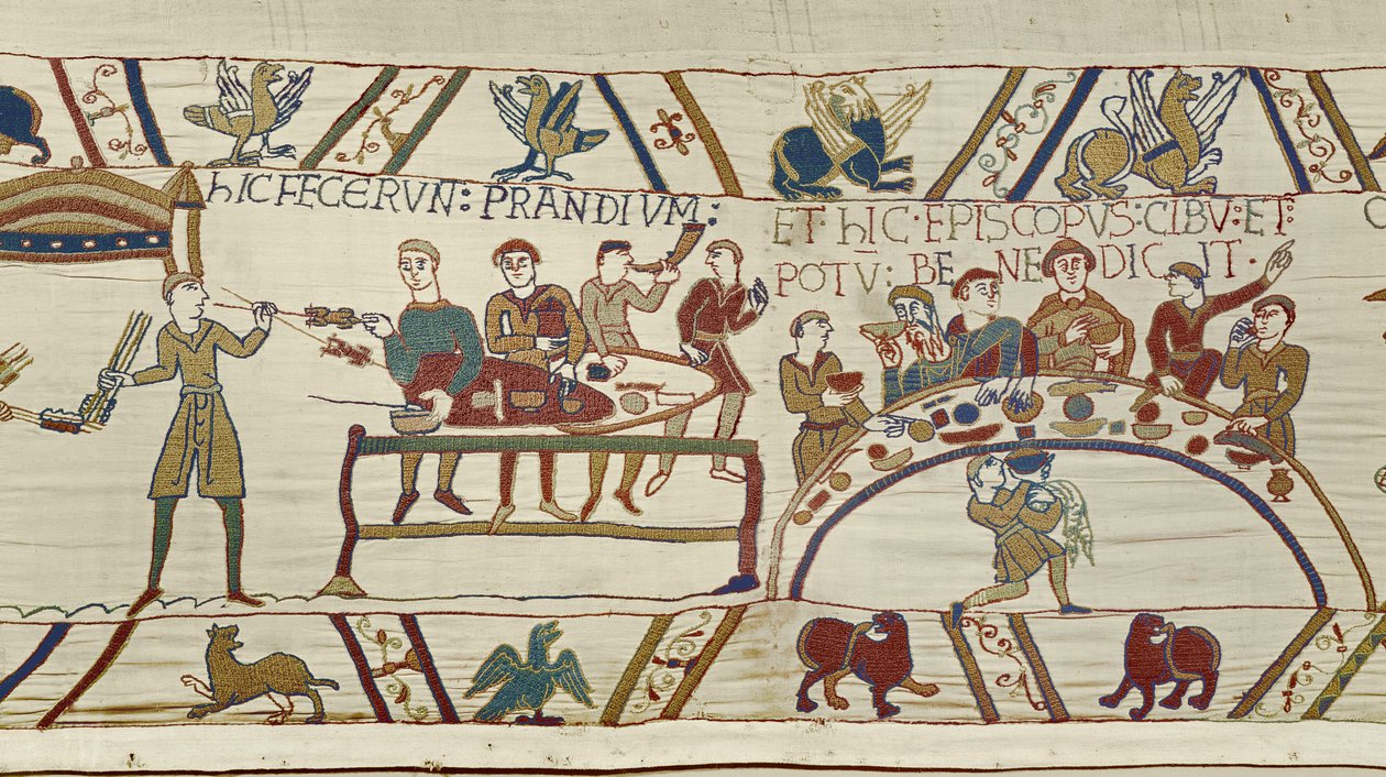 Normannische Diener bereiten ein Bankett für Wilhelm vor und Bischof Odo segnet das Mahl, Teppich von Bayeux von Unknown artist
