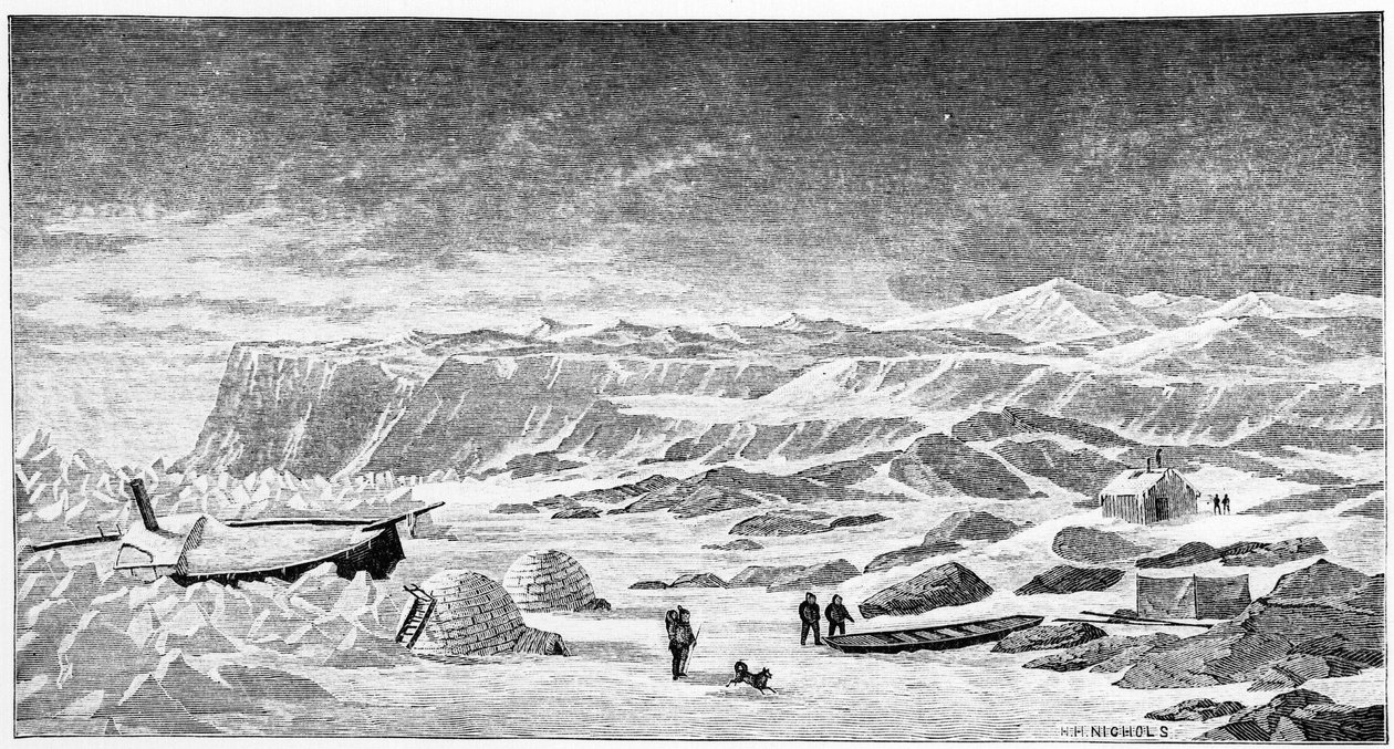 Nordpol: Iglus und Eisbrecher (Ice Breeze), Zeichnung, Frühling 1873. von Unknown artist