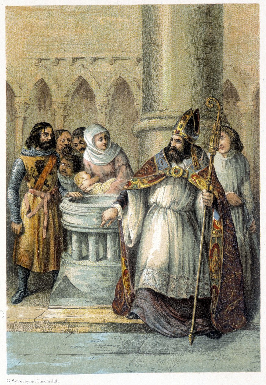 Notger (930-1008), Bischof von Lüttich, während der Taufe von Otto III. (980-1002), König von Deutschland. Chromolithographie aus dem 19. Jahrhundert. von Unknown artist
