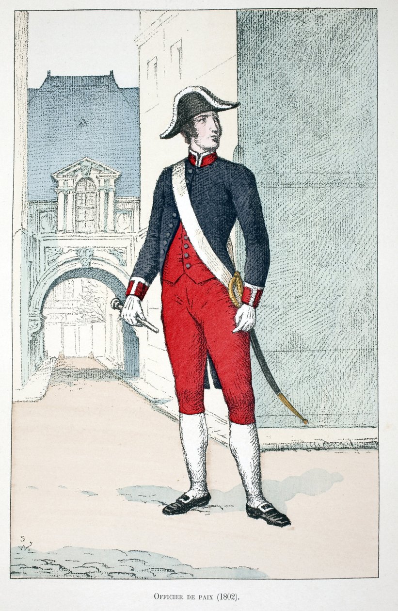 Friedensoffizier (1802). Farbradierung zur Illustration „Histoire du corps des gardiens de la paix“ Buch veröffentlicht unter der Schirmherrschaft von Louis Lepine (1846-1933) Polizeipräfekt der Seine, von Alfred Rey (1864-?) und Louis Feron (1862-?) von Unknown artist