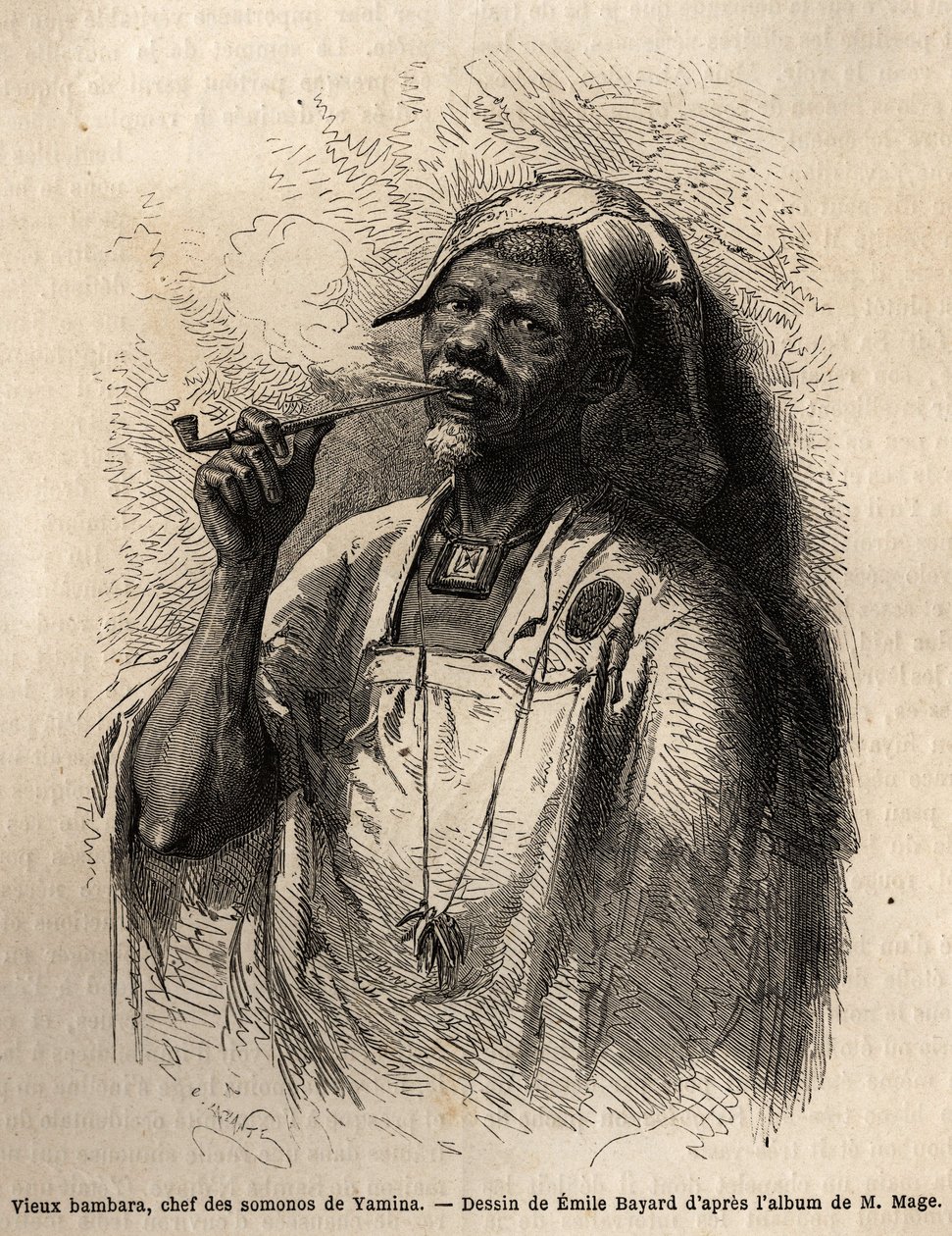 Alter Bambara, Stammeshäuptling in Yamina (Niger), raucht die Pfeife und trägt die traditionelle Häuptlingsbedeckung seines Stammes. Gravur zur Illustration der Reise nach Westsudan von Leutnant (Marine) M.Mage, 1863-1866, veröffentlicht in „Le tour du mon von Unknown artist