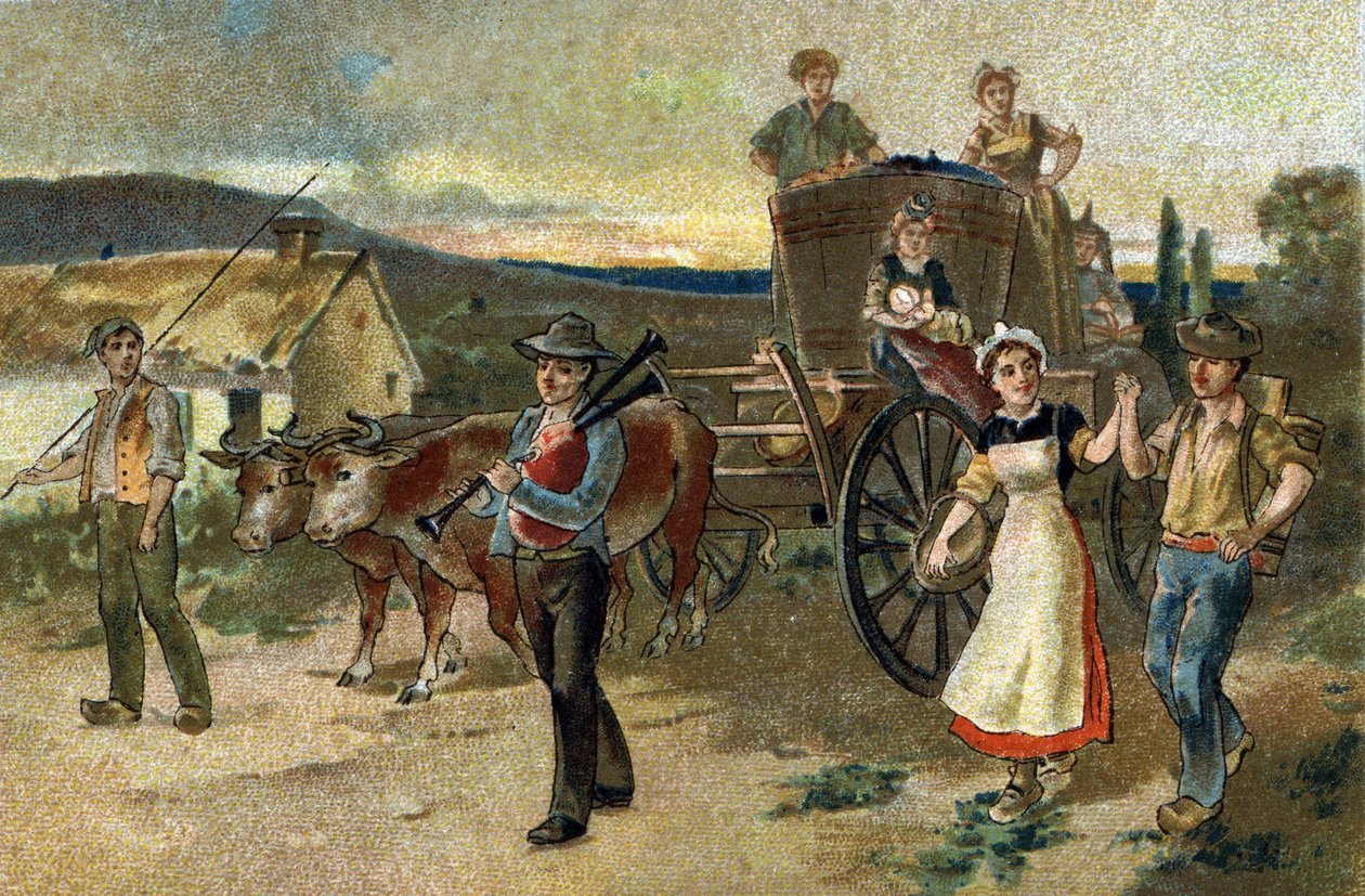 Alte Tradition in der Region Burgund: Erntefest. Der letzte Jahrgang. Chromolithographie des späten 19. Jahrhunderts von Unknown artist