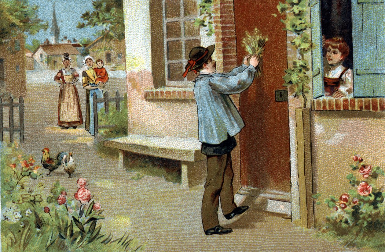 Alte Tradition in der Region Burgund: Maifest. Chromolithographie aus dem späten 19. Jahrhundert. von Unknown artist