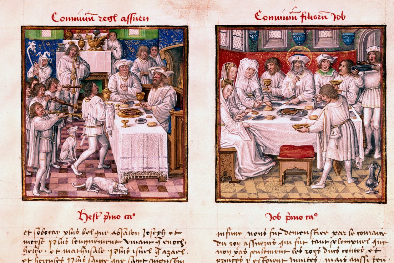 Links das Fest von Assuerus I. (Xerxes I.). Rechts das Fest der Kinder von Hiob. Miniatur aus dem Manuskript „Le Miroir de l