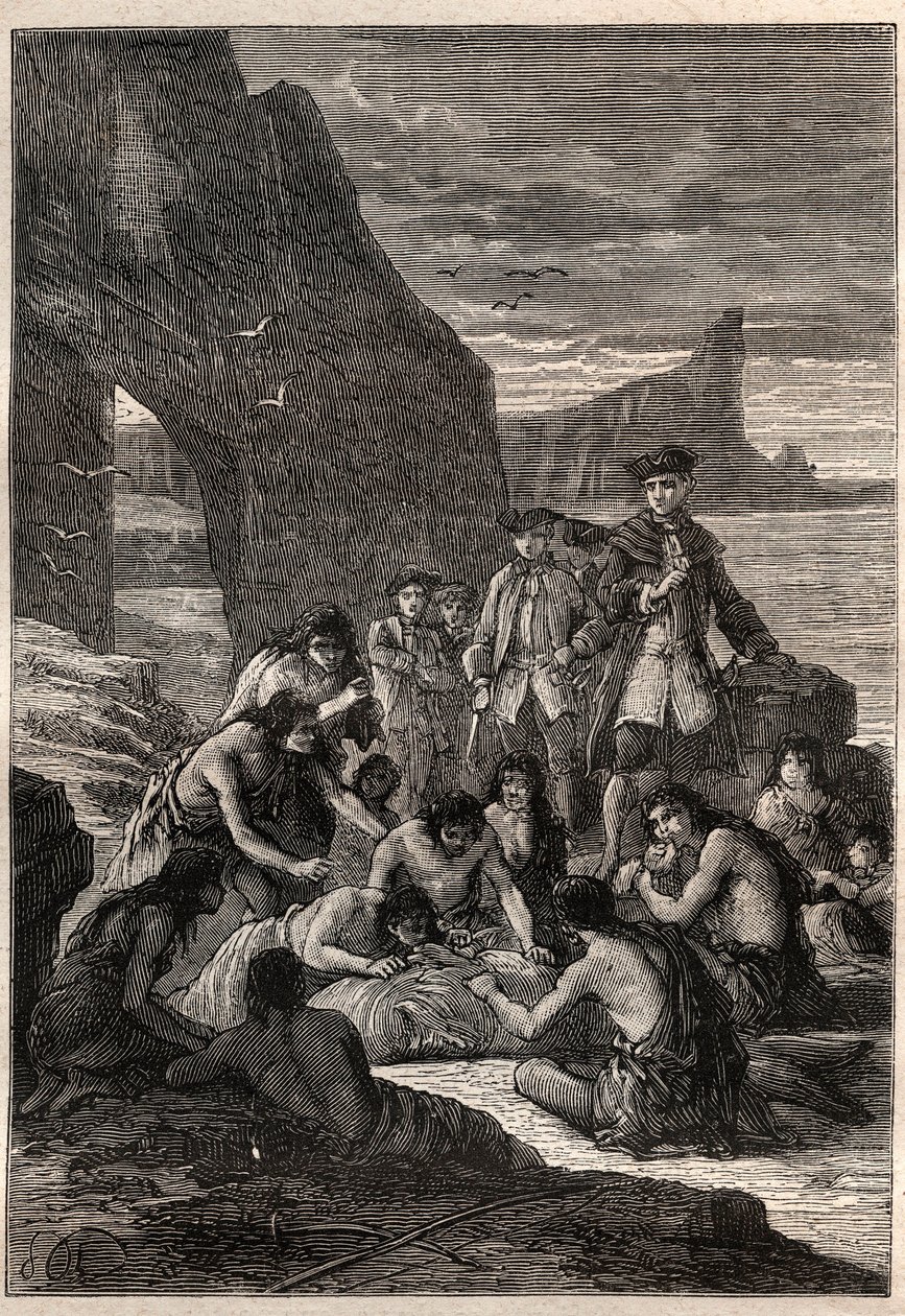 Einer von ihnen zerlegte mit den Zähnen: Vizeadmiral John Byron (1723-1786) auf einer der Inseln der Magellanstraße - die Feuerländer zerlegen mit ihren Zähnen einen Wal, der am Strand zerrissen und versteinert war - Illustration von Unknown artist